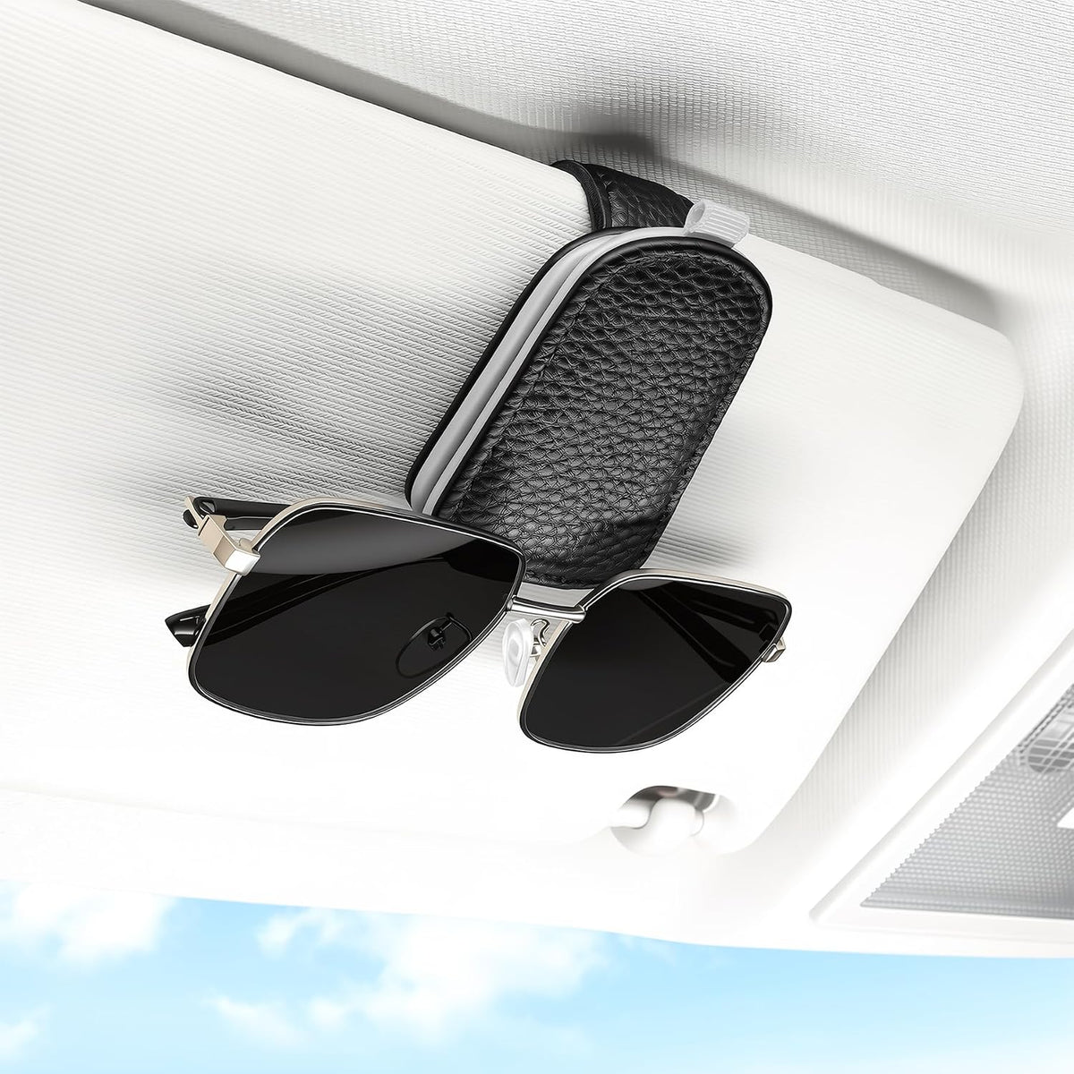 SINGARO 2PCS Sunglasses Holder for Car, Leather Magnetic Buckle Sun Visor Sunglass Clip, Ticket Card Storage Glasses Clip, Car Interior Accessories for Men and Women（Black）
