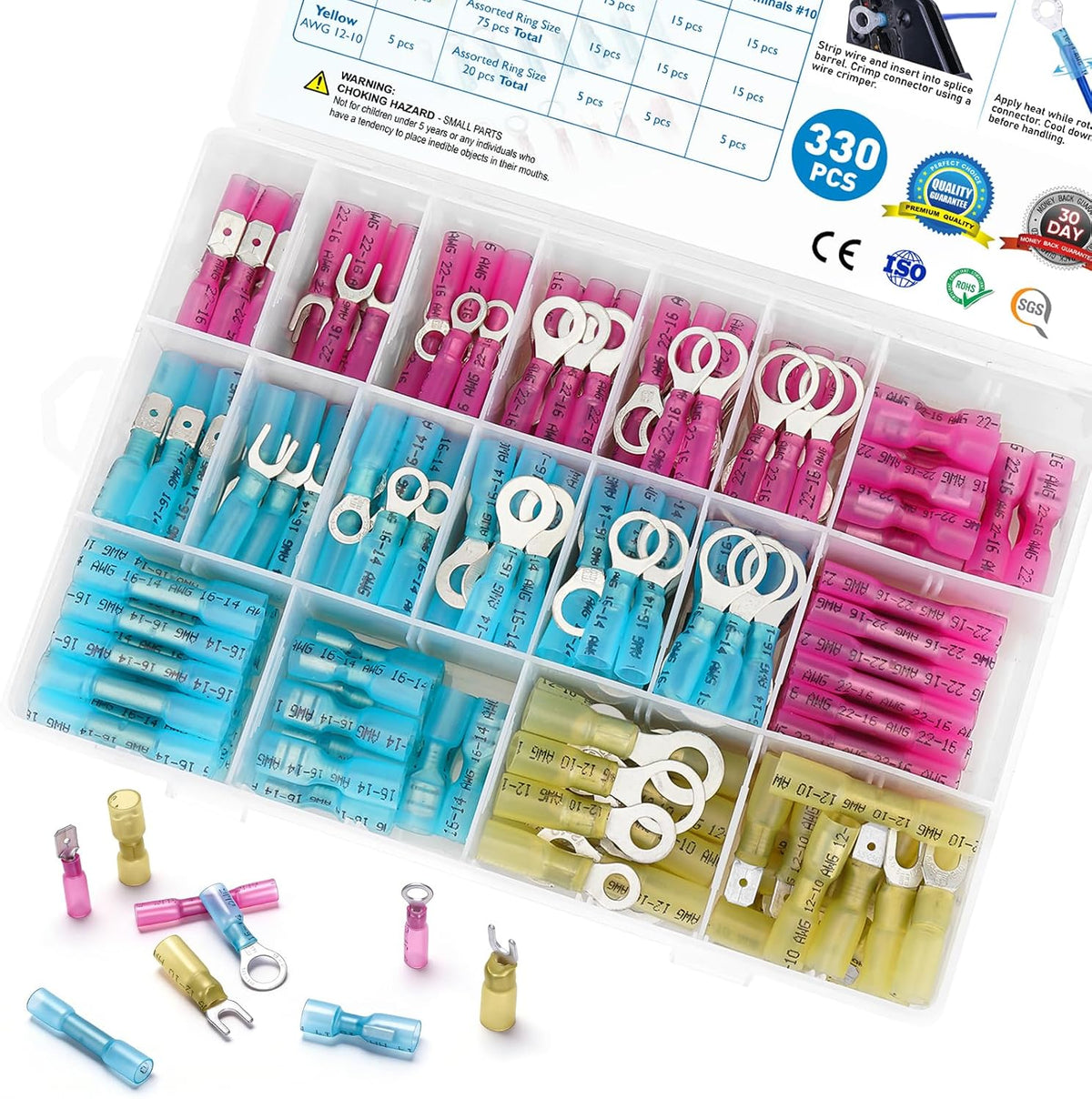 TICONN 120 Pcs Heat Shrink Wire Connectors, Marine Crimp Ring Terminal Kit