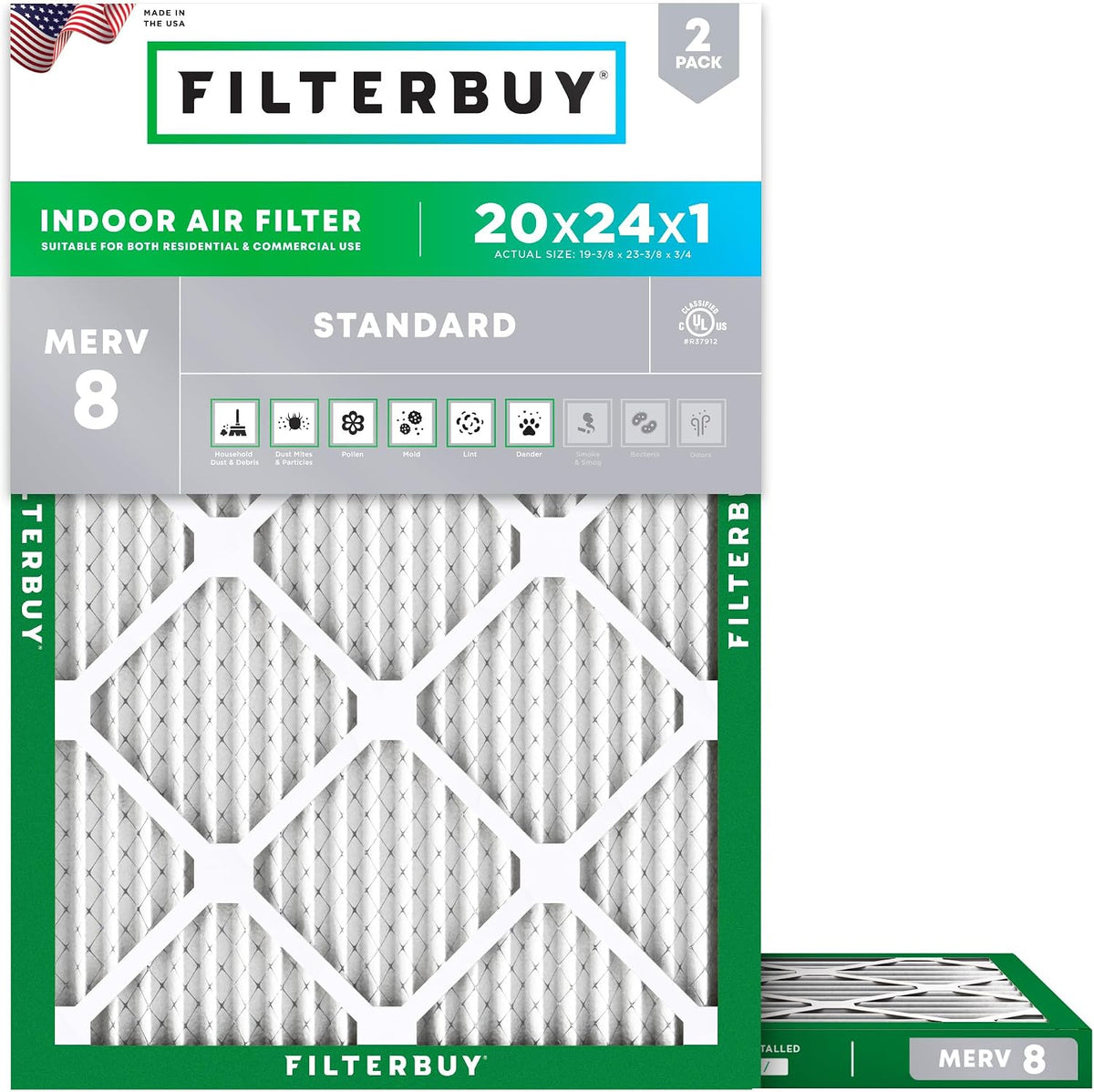 Filterbuy 20x25x4 Air Filter MERV 8 Dust & Allergy Defense (2-Pack)