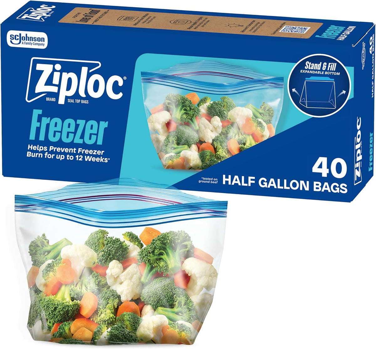 Ziploc Half Gallon Freezer Bags, Food Storage, Easy Open & Close, 40 Count