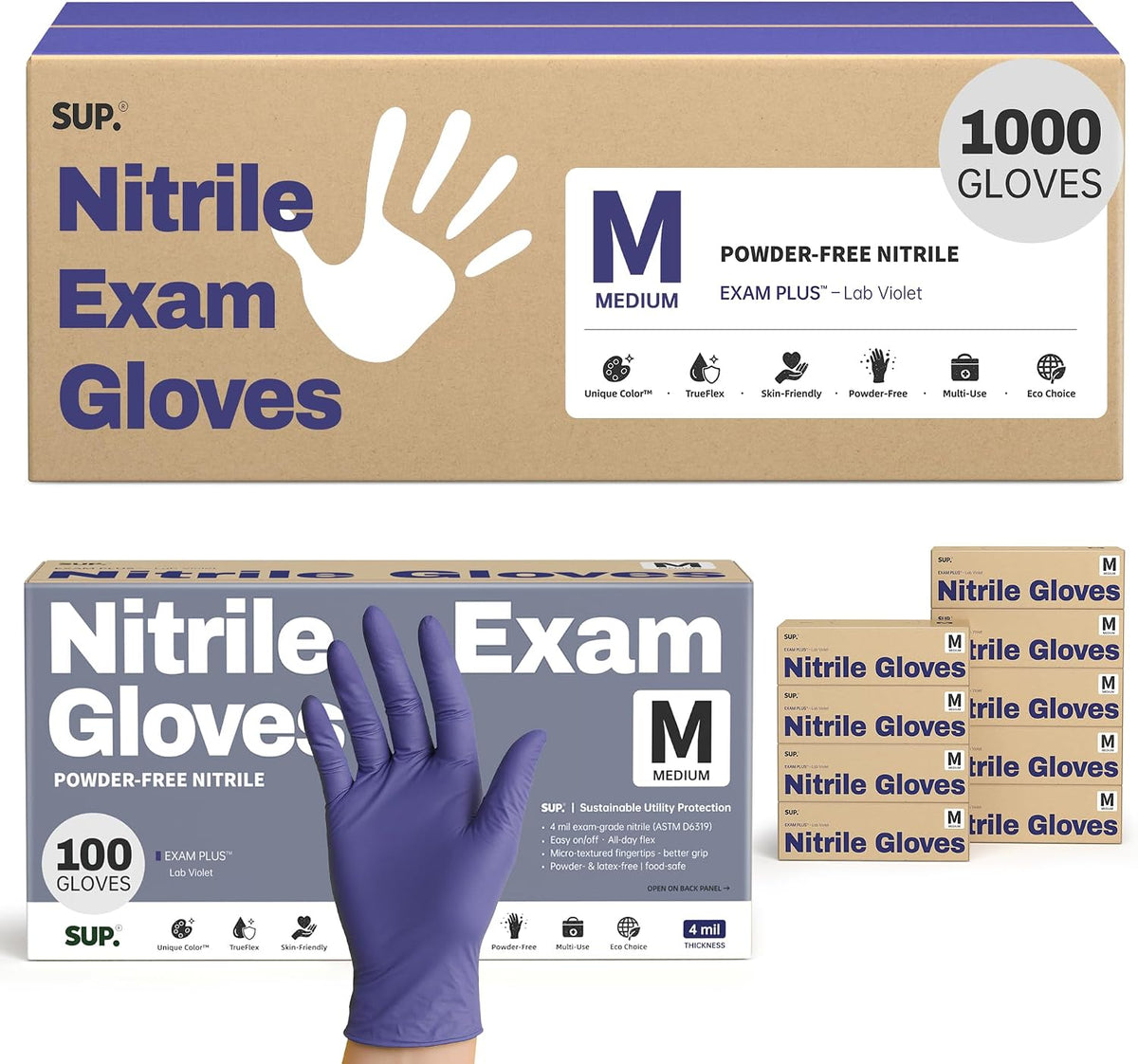 SUP Powder-Free Nitrile Exam Gloves, 100/1000 Ct Food Safe Latex-Free Medical Cooking Cleaning Disposable Glove, Blue Violet