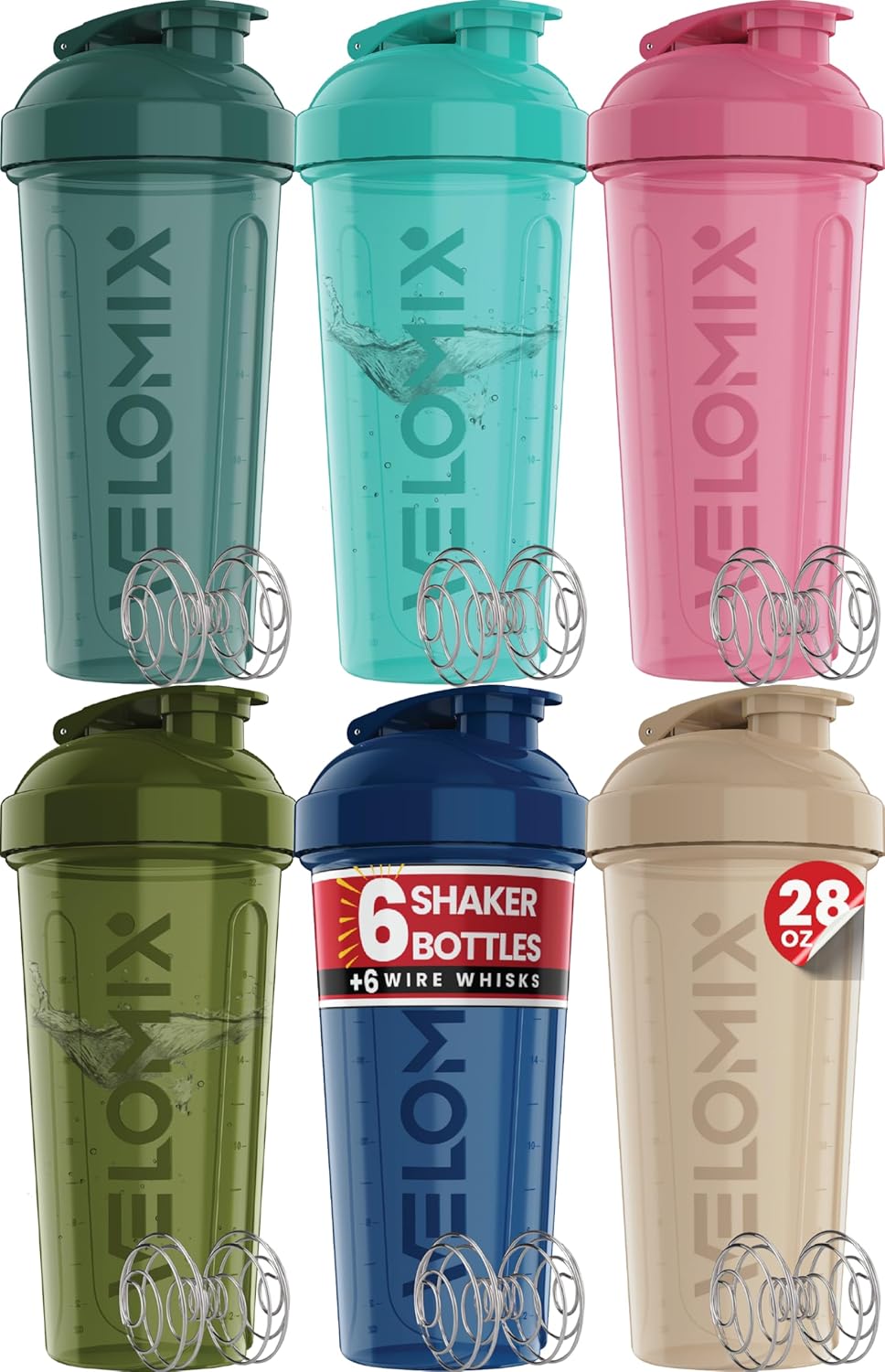 VELOMIX 6 Pack 28oz Shaker Cups for Protein Shakes, Blacks to Transparent