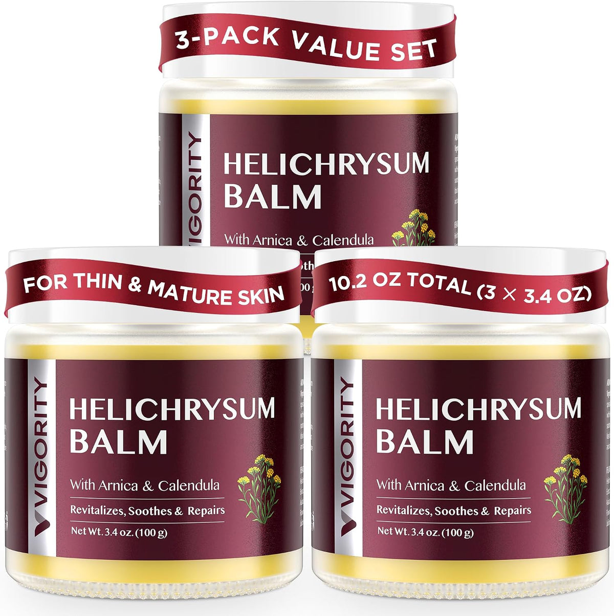 Vigority Helichrysum Balm Soothes & Repairs: Restorative Arnica Cream with Calendula for Fragile, Thin Skin & Bruise-Prone – Moisturizes, Revitalizes & Strengthens Skin Barrier for Adult Seniors 3.4oz