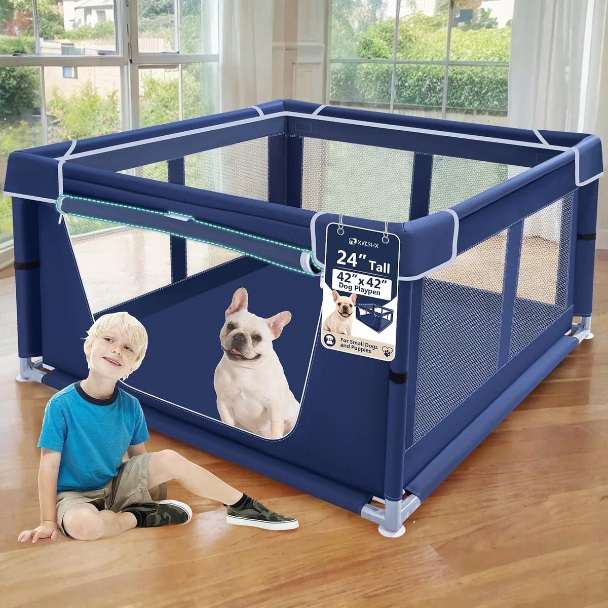 XVISHX 42x42 Inches Puppy Playpen with Gate, Dog Playpen for Puppies or Small Dogs, DogFence Pet Playpen for Indoor & Outdoor, Sturdy Safety DogPen with Thickened Fabric, High-Strength Nylon Wire Mesh