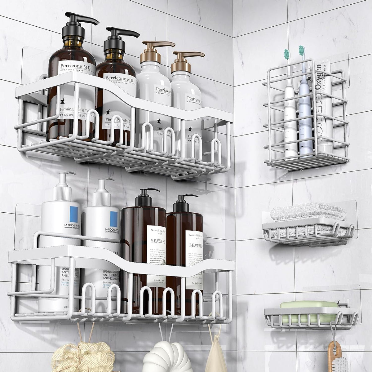 EUDELE Adhesive Shower Caddy, 5 Pack Rustproof Stainless Steel Bath Organizers With Large Capacity, No Drilling Shelves for Bathroom Storage & Home Decor