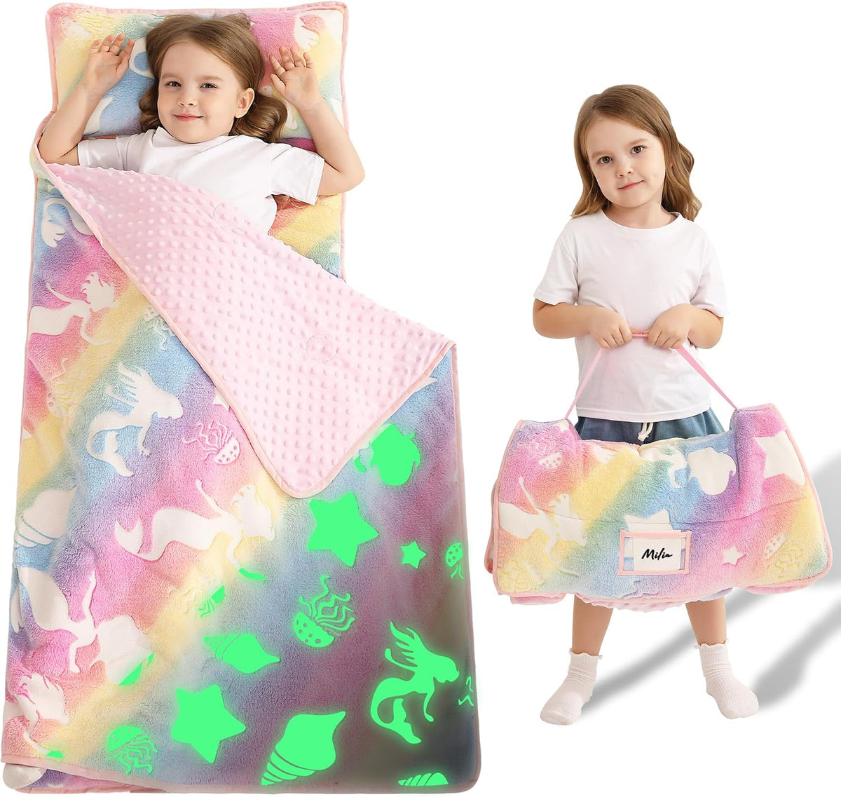 Lasoftan Toddler Nap Mat with Pillow and Blanket, Extra Large Rolled Napping Mats,Slumber Bags for Boys Girls,Kids Sleeping Bag for Daycare, Preschool Travel Camping