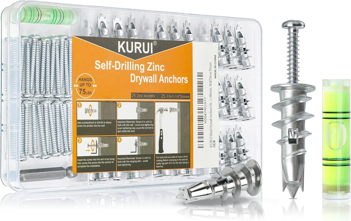 KURUI Metal Self Drilling Drywall Anchors, Shatter-Resistant Wall Anchors