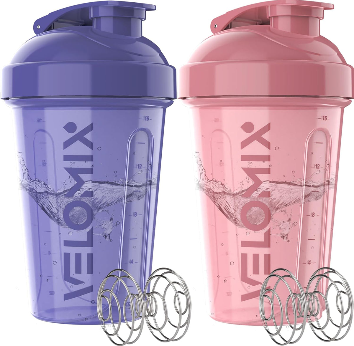 VELOMIX 2 Pack 20oz Protein Shaker Bottle for Protein Mixes, Black/Transpar