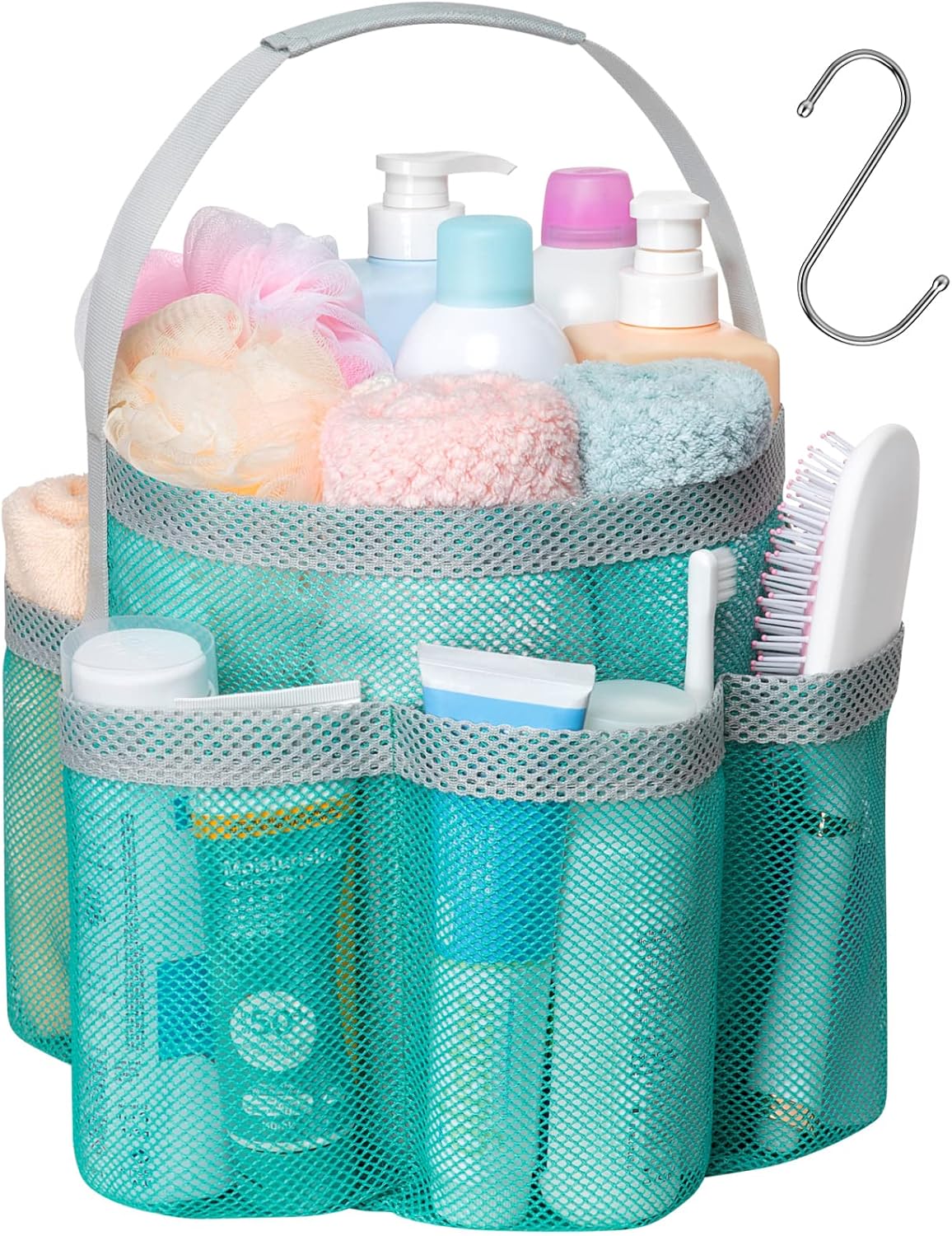 Mesh Shower Caddy Portable - 8 Pockets, S-Hook, Shower Bag for Dorm Camping