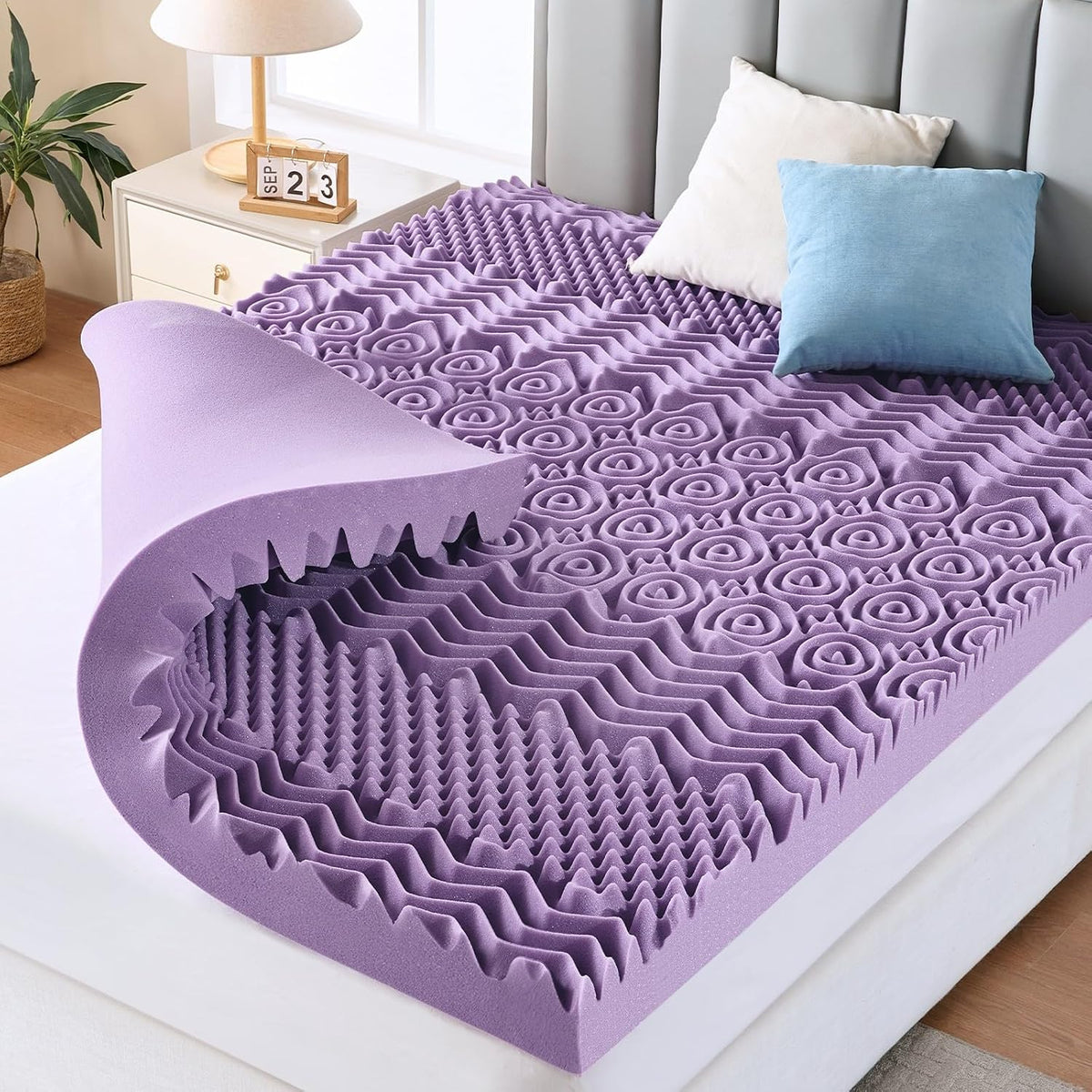 MUXHOMO 3 Inch 7-Zone Twin XL Mattress Topper, Egg Crate Memory Foam Mattress Topper Twin XL Size for Back Pain, Lavender Gel Infused Bed Pad, CertiPUR-US and Oeko-TEX Certification (79"×38")