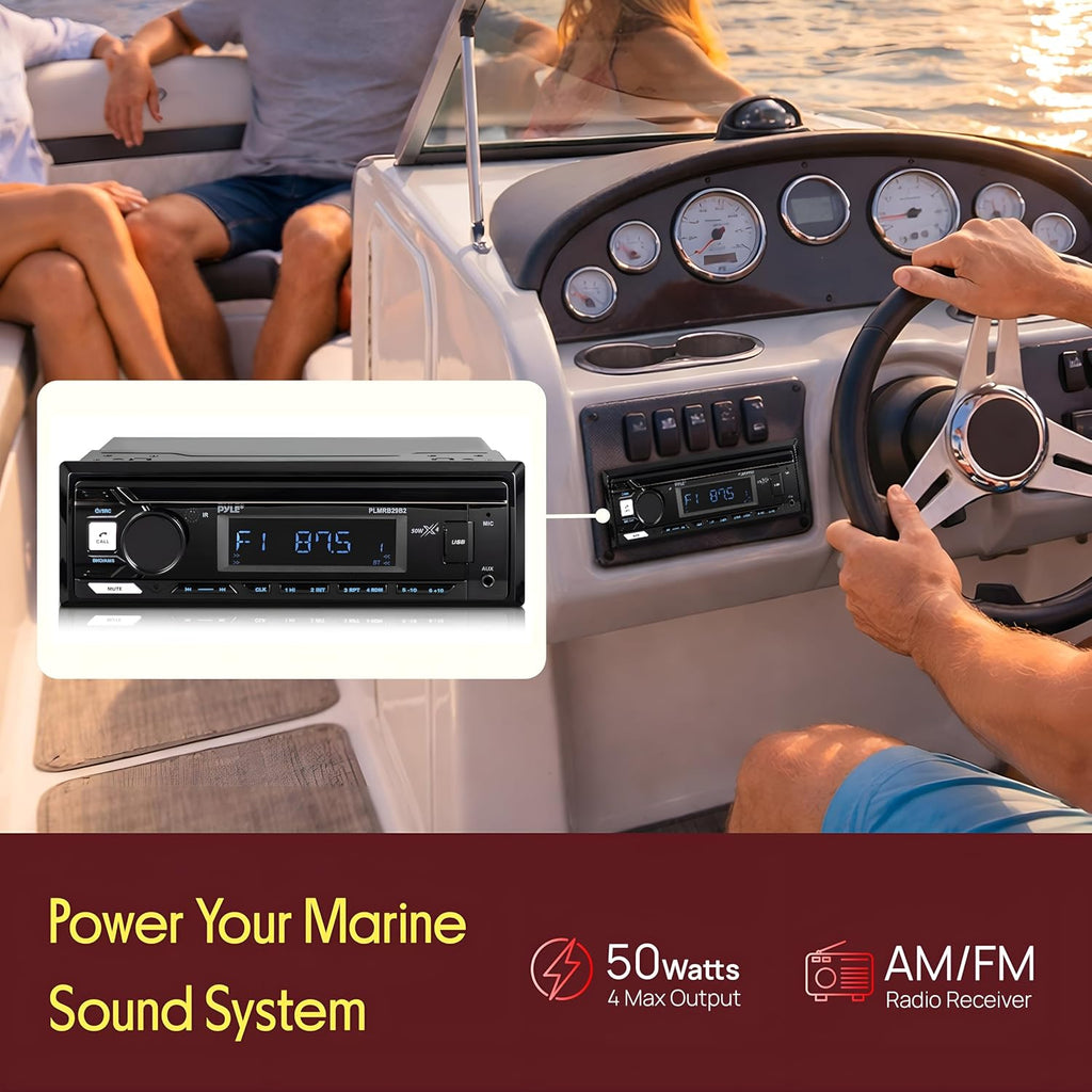 Pyle Marine Bluetooth Stereo Radio - 12v Single DIN Style Boat In dash Radio Receiver System with Built-in Mic, Digital LCD, RCA, MP3, USB, AM FM Radio - Remote Control - PLMRB29B (Black)
