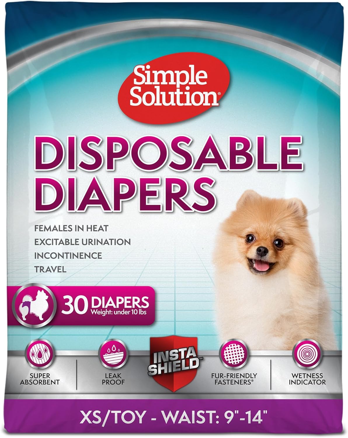 Simple Solution Female Dog Diapers, Disposable Dog Diapers, M, 30 Count | Dog in Heat, Potty Training, Incontinence Support, Leak Proof, Puppy Training, Disposable Protection, Secure Fit, 15-23 Inch