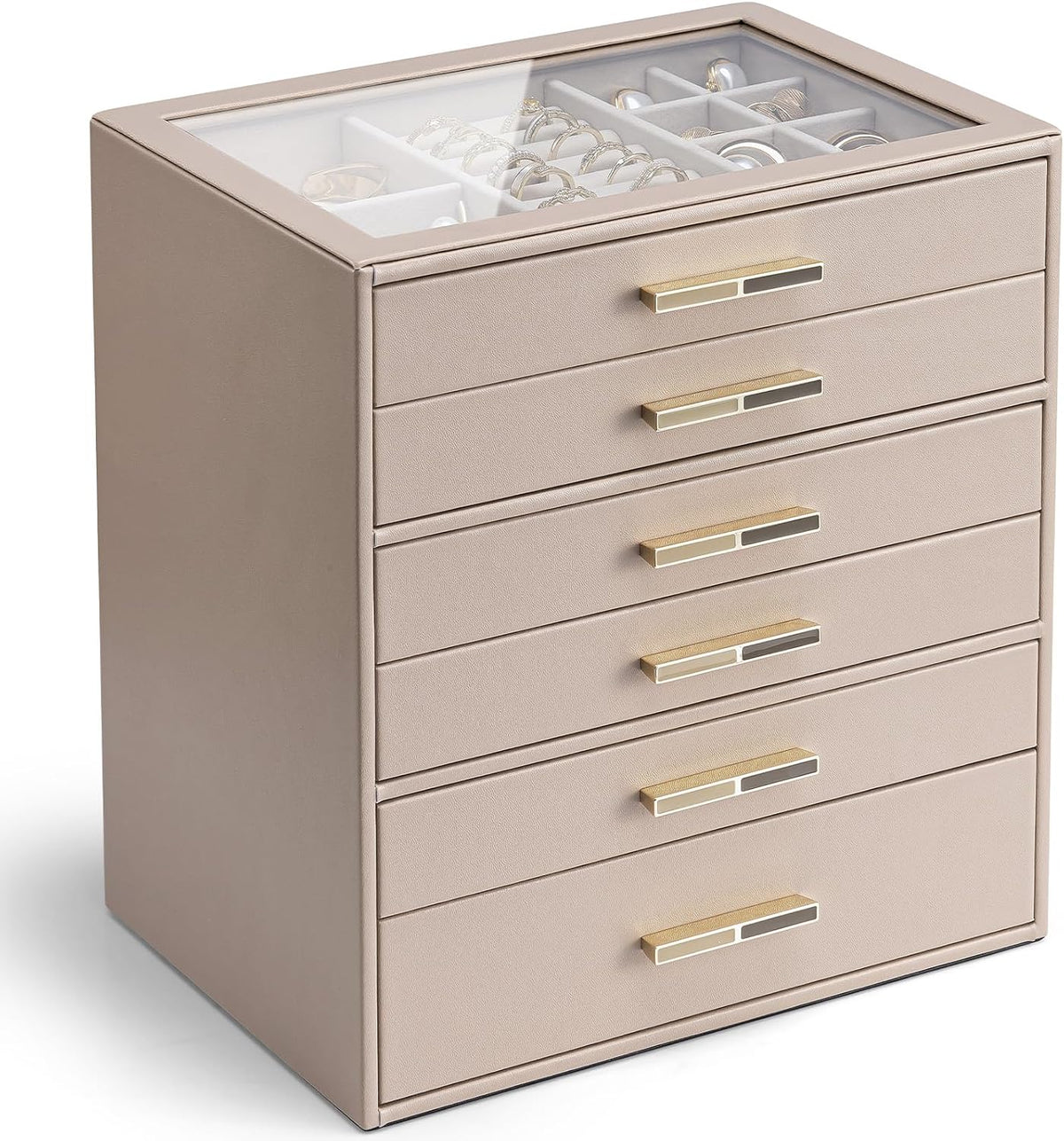 VLANDO Jewelry Box Organizer, 3-Layer Storage Drawers, Glass Window, Modern