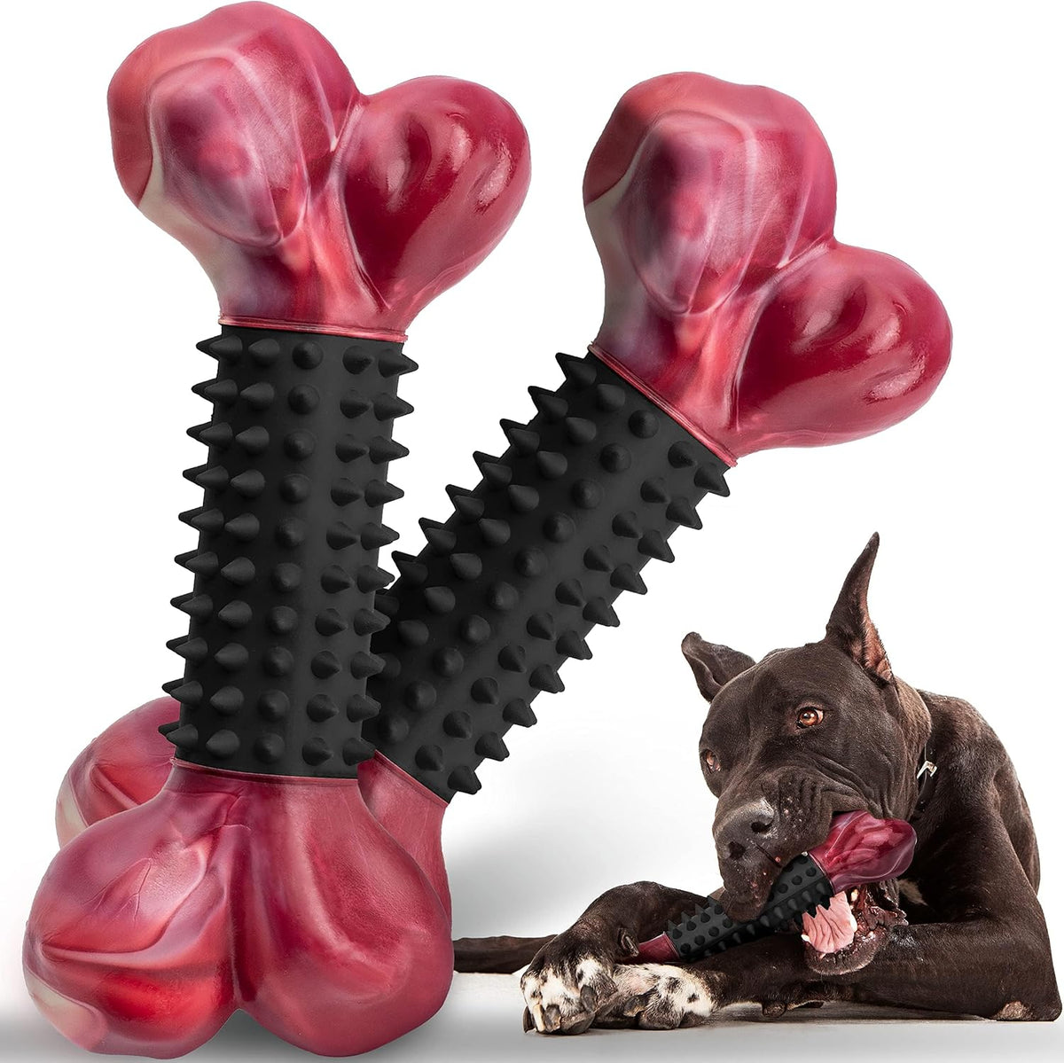Tough Dog Toys for Aggressive Chewers: Beef Flavored Long Lasting Dog Bones for Large Dogs, Indestructible Dog Chew Toys to Keep Them Busy, Large Dog Toys for Medium & Large Breed, Red