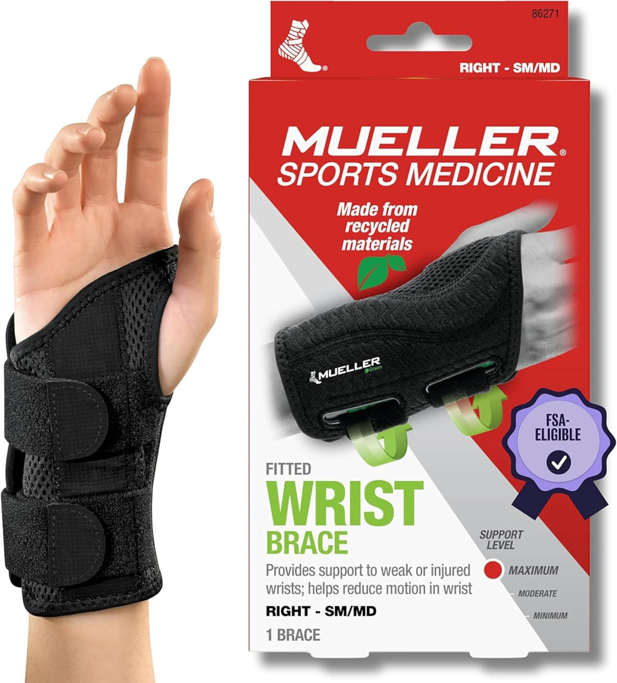 MUELLER Sports Medicine Green Fitted Wrist Brace for Men and Women, Wrist Pain Relief Support, Ideal for Carpal Tunnel, Tendonitis, Arthritis, Right Hand, Black, Small/Medium
