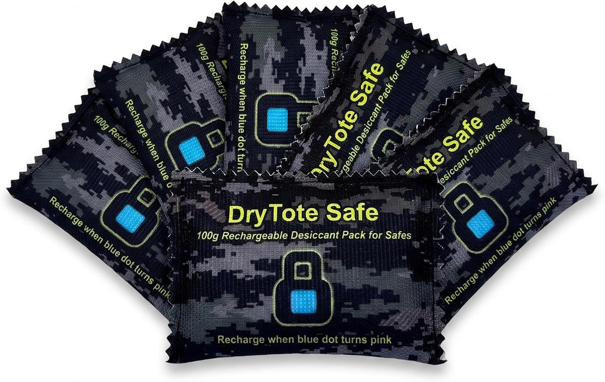DryTote Gun Safe Dehumidifier, Rechargeable Silica Gel Desiccant Packs (5 x 100g), Color Indicating Moisture Absorber for Gun Safes, Ammo Cans, Cabinets & Valuables, Reusable, No Power Needed