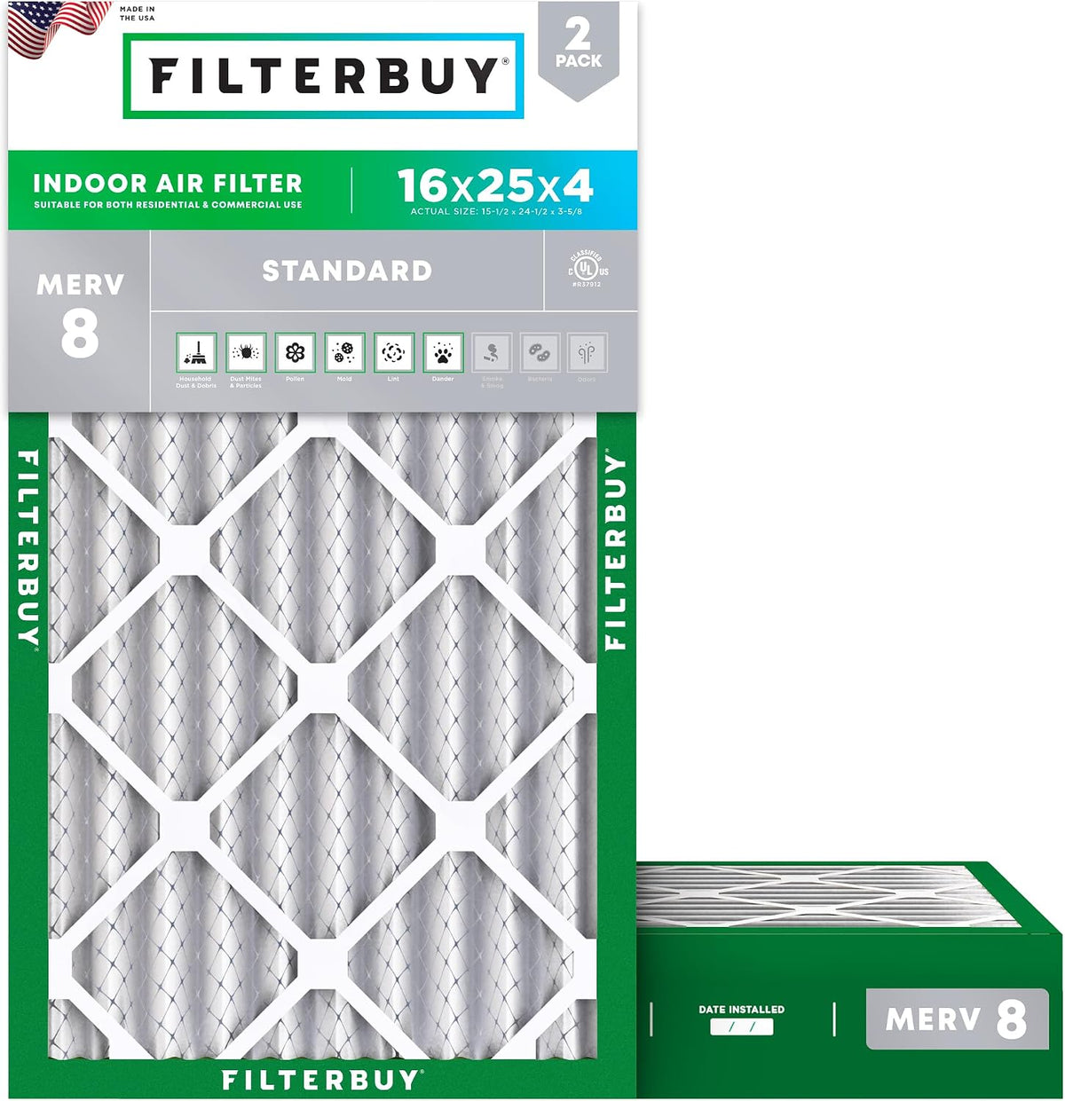 Filterbuy 20x25x4 Air Filter MERV 8 Dust & Allergy Defense (2-Pack)