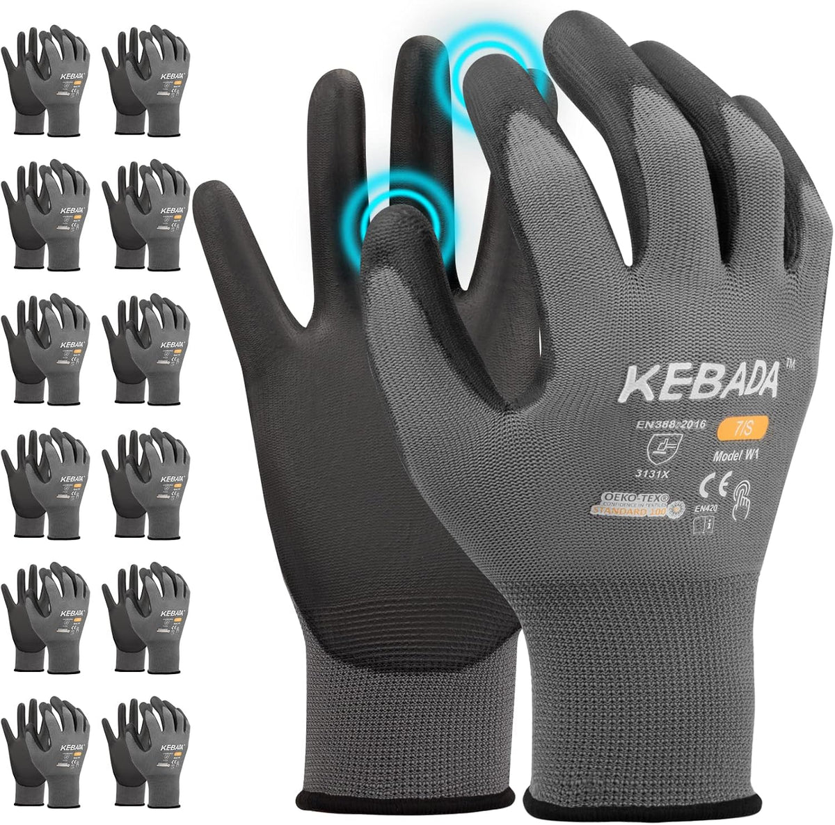 Kebada W1 Safety Work Gloves for Men & Women, Touchscreen, PU Coated