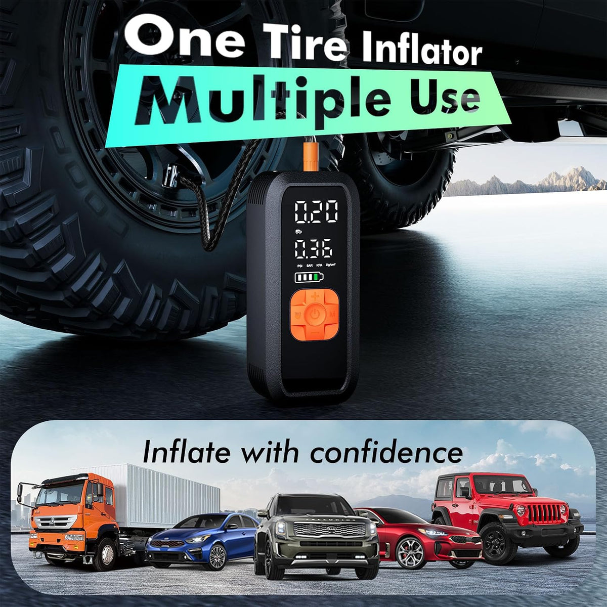 Portable Tire Inflator Air Compressor, 150 PSI Fast Cordless Pump, Dual Power (Battery + 12V DC),Auto Shut-Off, 5 Modes, Digital Dual Display for Car Truck Bike Tires, Balls, Inflatables
