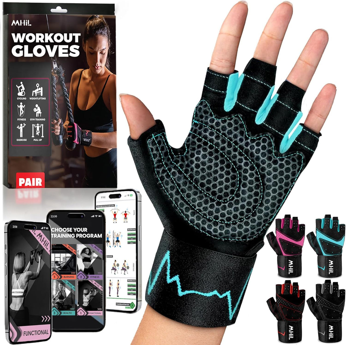 MhIL Workout Gloves for Women – Breathable Gym Gloves for Women with Palm Protection and Enhanced Grip – Padded Weight Lifting Glove for Womens with Wrist Wraps Support Weightlifting Exercise Cycling