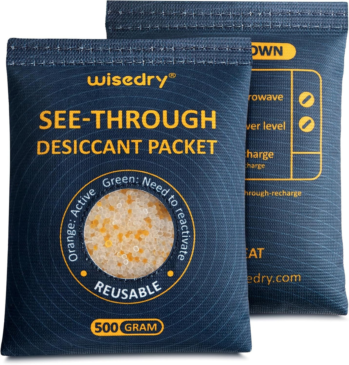 wisedry 2 x 500 Gram See-Through Silica Gel Packets, Color-Indicating Desiccant Packs for Storage, Reusable Gun Safe Dehumidifier, Rechargeable Car Dehumidifier Bag