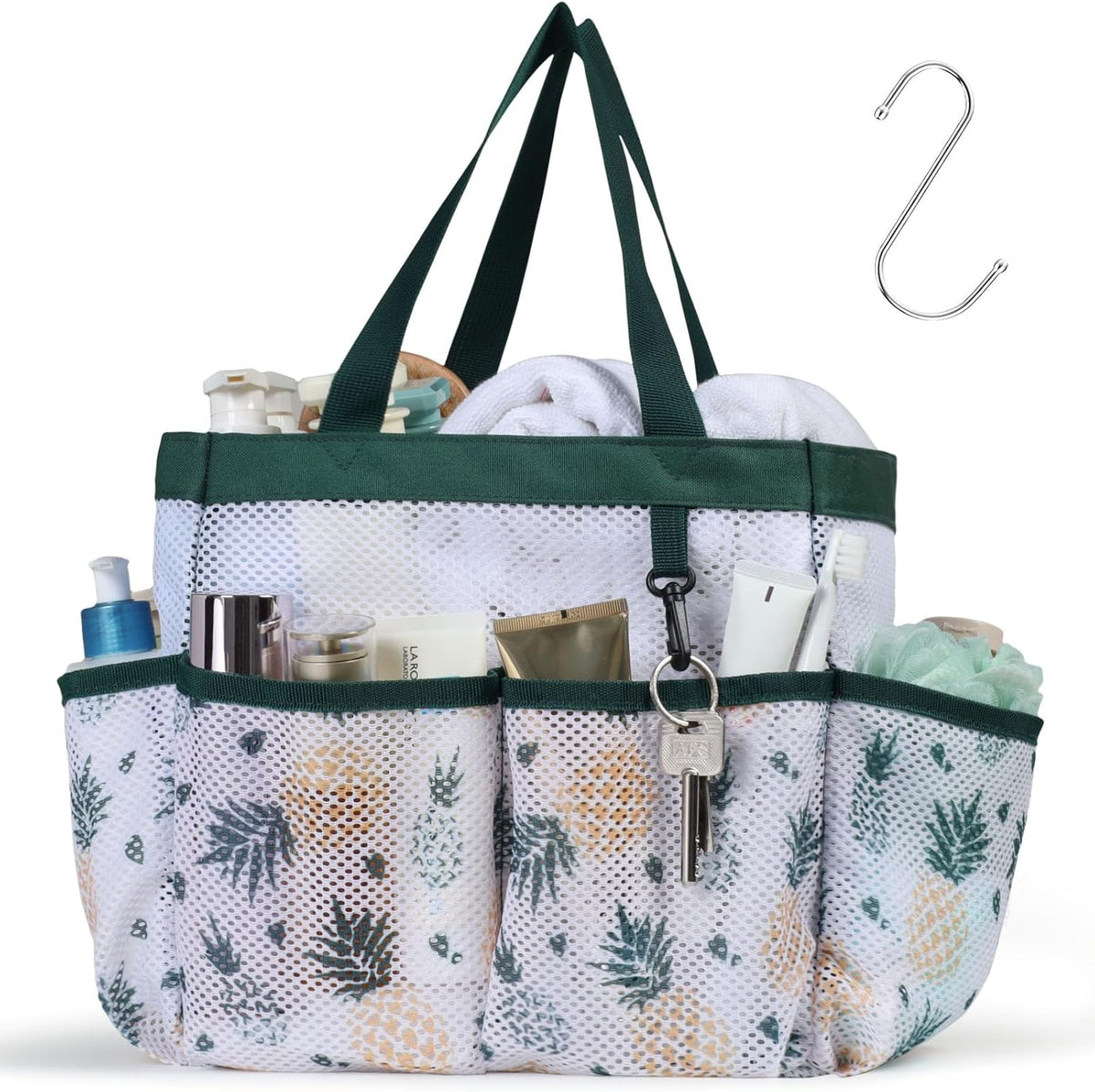 Mesh Shower Caddy Portable - 8 Pockets, S-Hook, Shower Bag for Dorm Camping