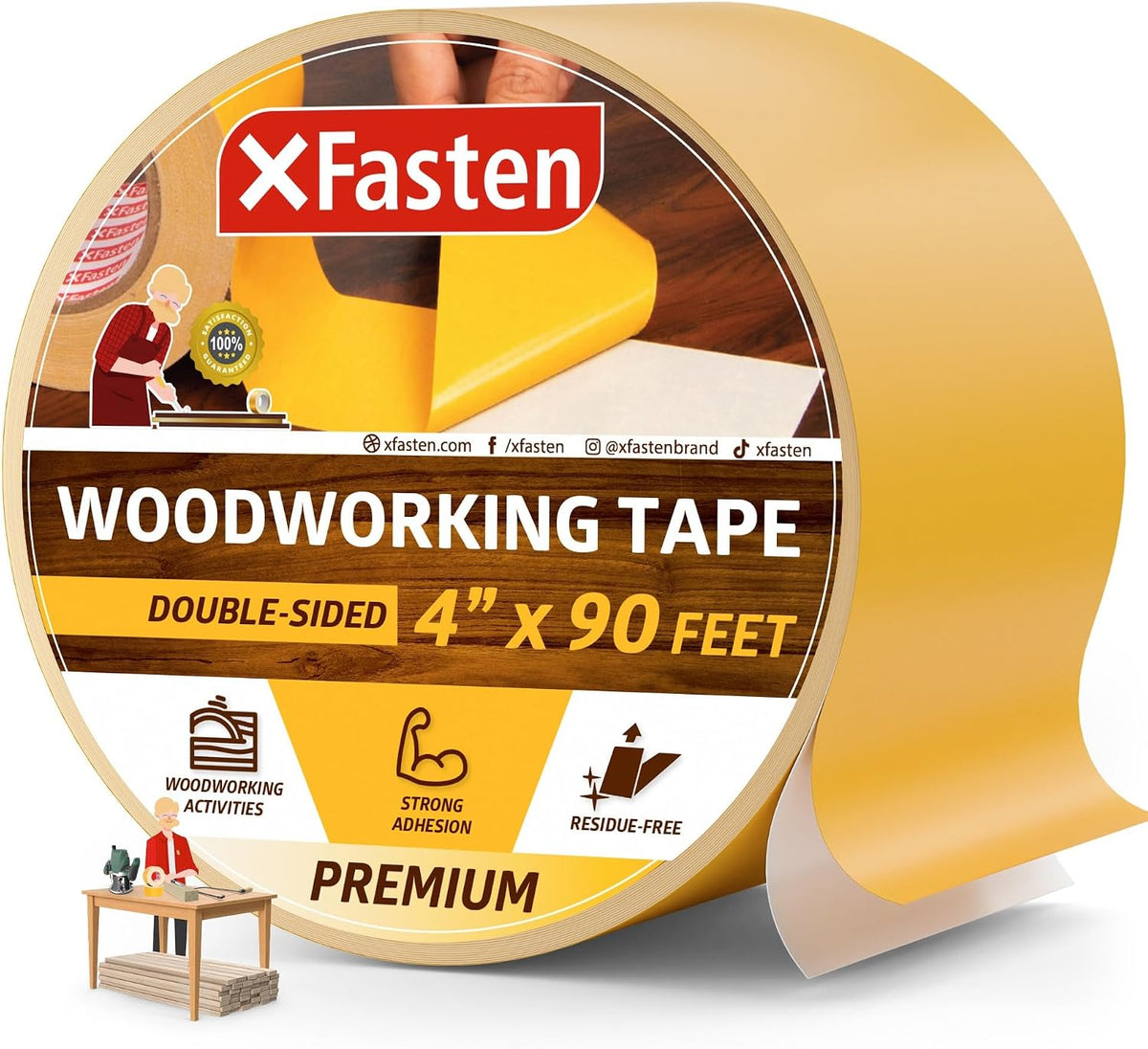 XFasten Double Sided Woodworking Tape 1 Inch x 108 Feet (3-Pack), Residue-Free, Removable Double Sided Woodworking Masking Tape for Wood Template, Mounting Boards MDF Edge Banding, Routing, Anchoring