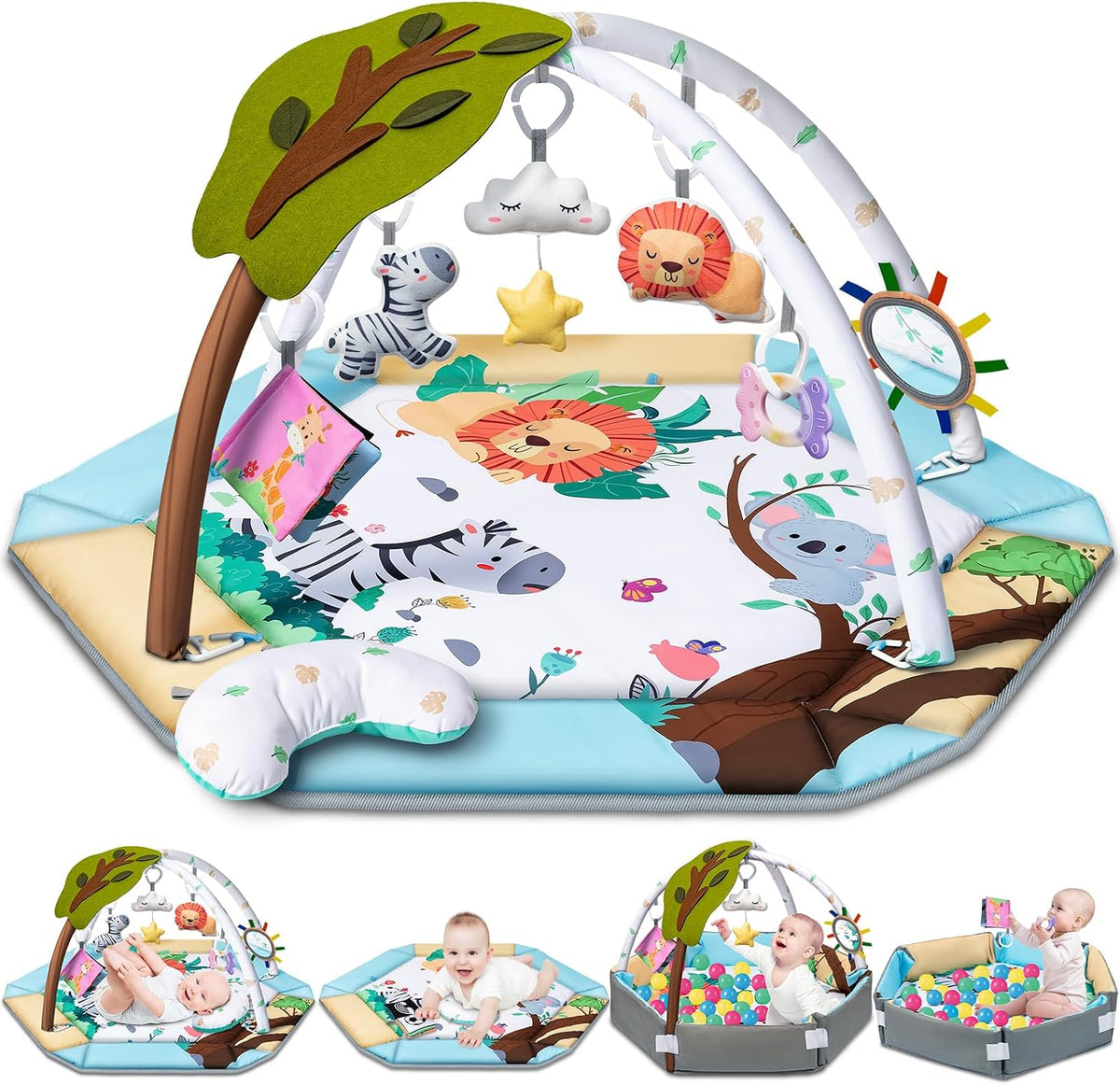 Baby Gym Play Mat, 8-in-1 Tummy Time Mat & Ball Pit with 6 Toys, Washable Baby Activity Play Mat for Visual, Hearing, Sensory, Motor Development, Baby Toys Gift for Toddler Infant 0-3-6-9-12 Month