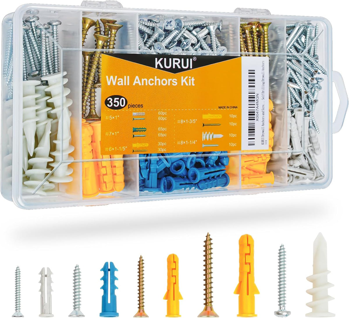 KURUI Drywall Anchors Assortment Kit for Sheetrock Concrete Brick, 350Pcs Wall Anchors and Flat Head Screws, 5 Sizes Picture Hanging Set for Bedroom/Office Wall Art Decor, House Warming Gifts New Home