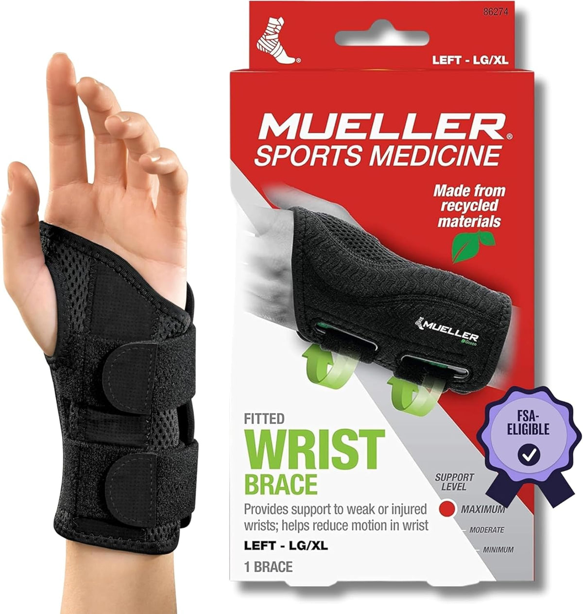 MUELLER Sports Medicine Green Fitted Wrist Brace for Men and Women, Wrist Pain Relief Support, Ideal for Carpal Tunnel, Tendonitis, Arthritis, Right Hand, Black, Small/Medium