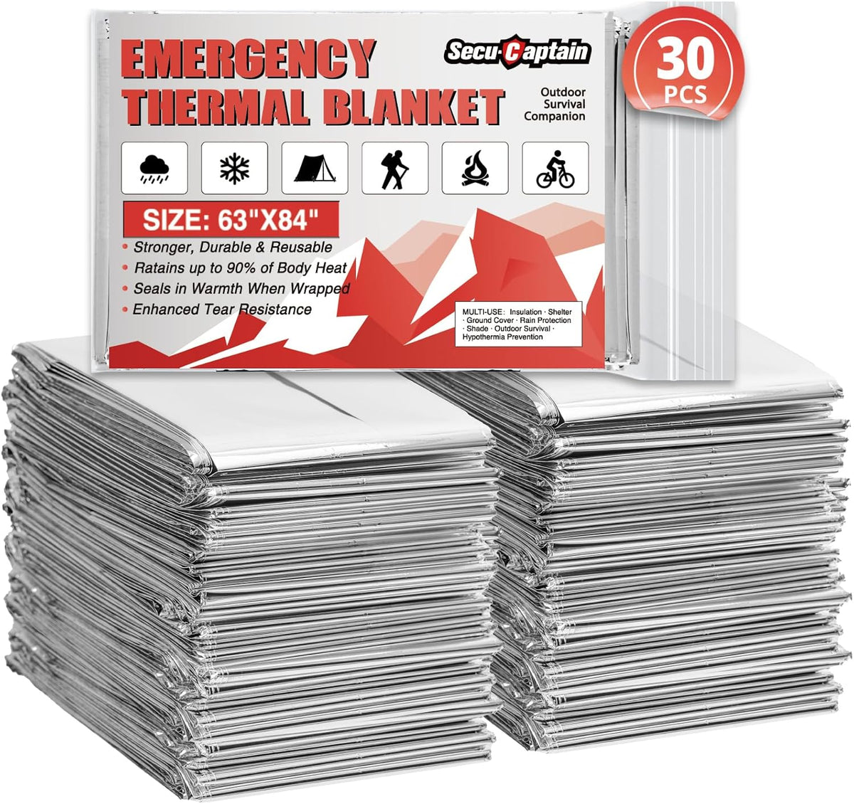 SecuCaptain Survival Emergency Thermal Blankets: Extra Large 84” x63” 4/10/25/30/50/75/100 PCS Space Mylar Blanket Kit for Outdoor Cold Winter Camping Hiking Car Bug Out Bag or First Aid