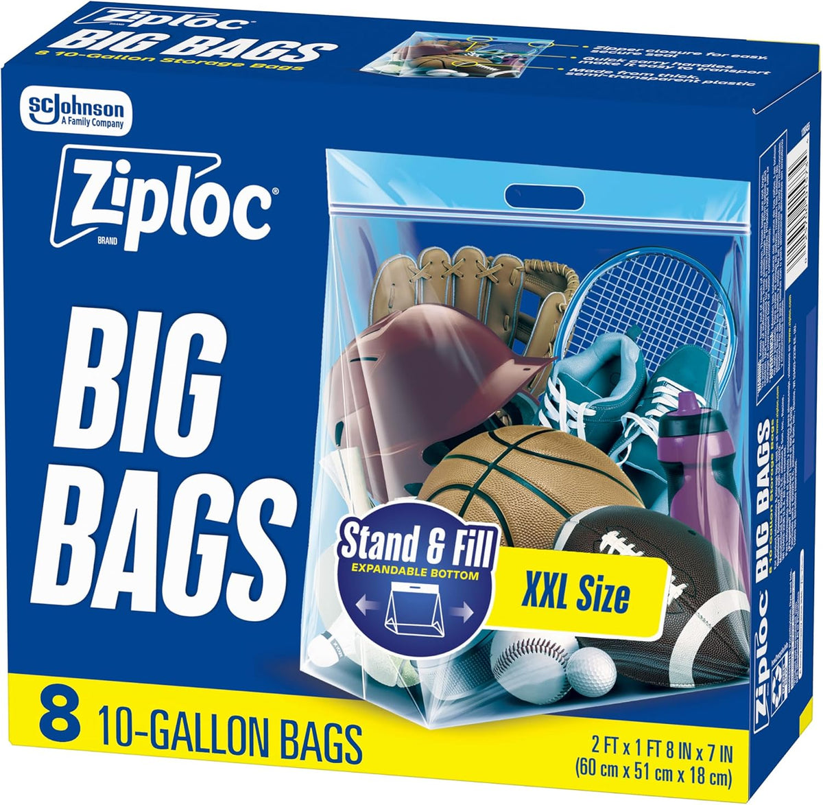 Ziploc Big Bags 3 Gallon Large, Reusable Large-Capacity Plastic Storage Bags, 10 count
