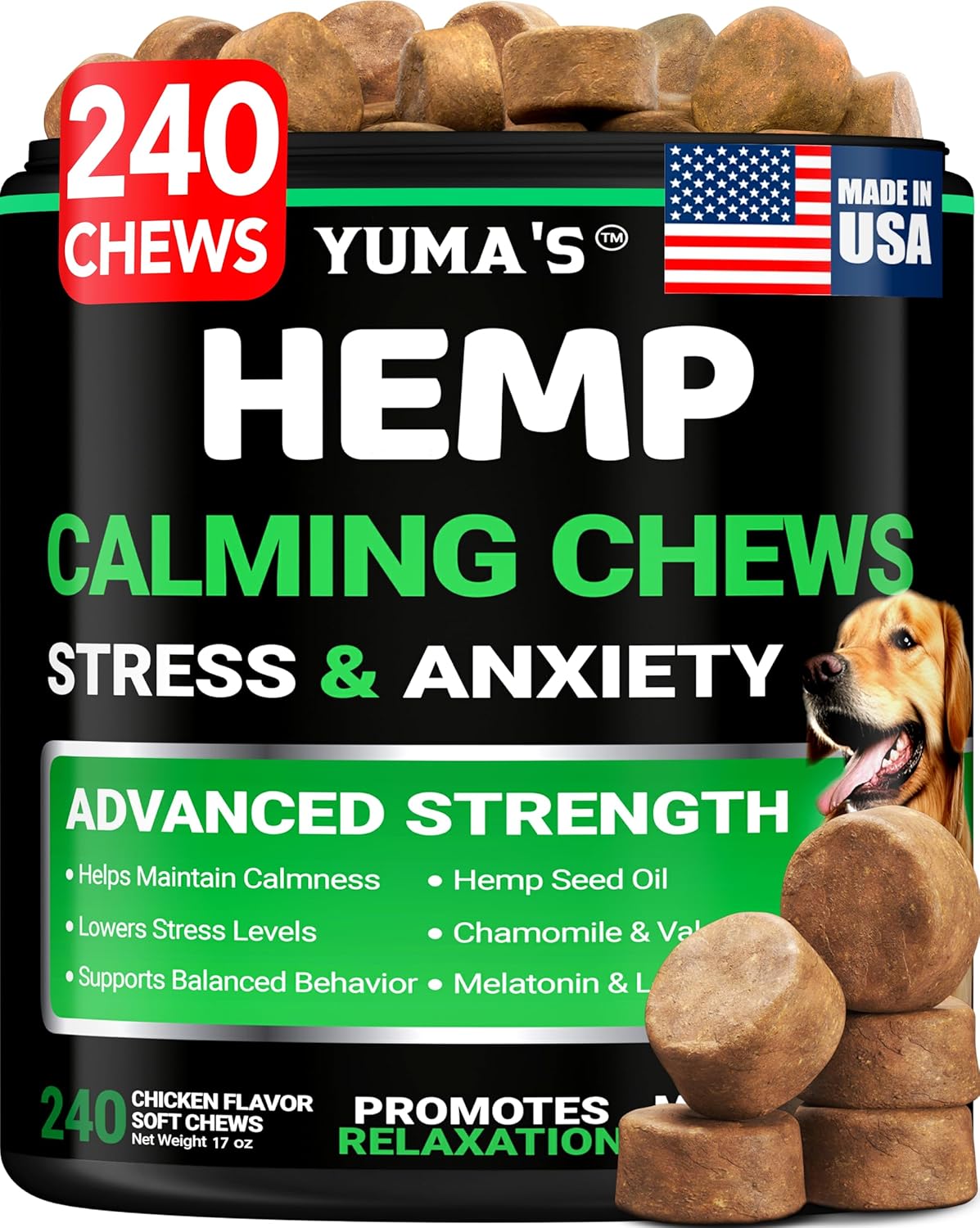 Hemp Calming Chews for Dogs - 240 Treats - Advanced Dog Calming Chews | Dog Anxiety Relief Supplement with Melatonin - Sleep Aid, Separation, Barking, Stress & Travel - Joint Support - Made in USA