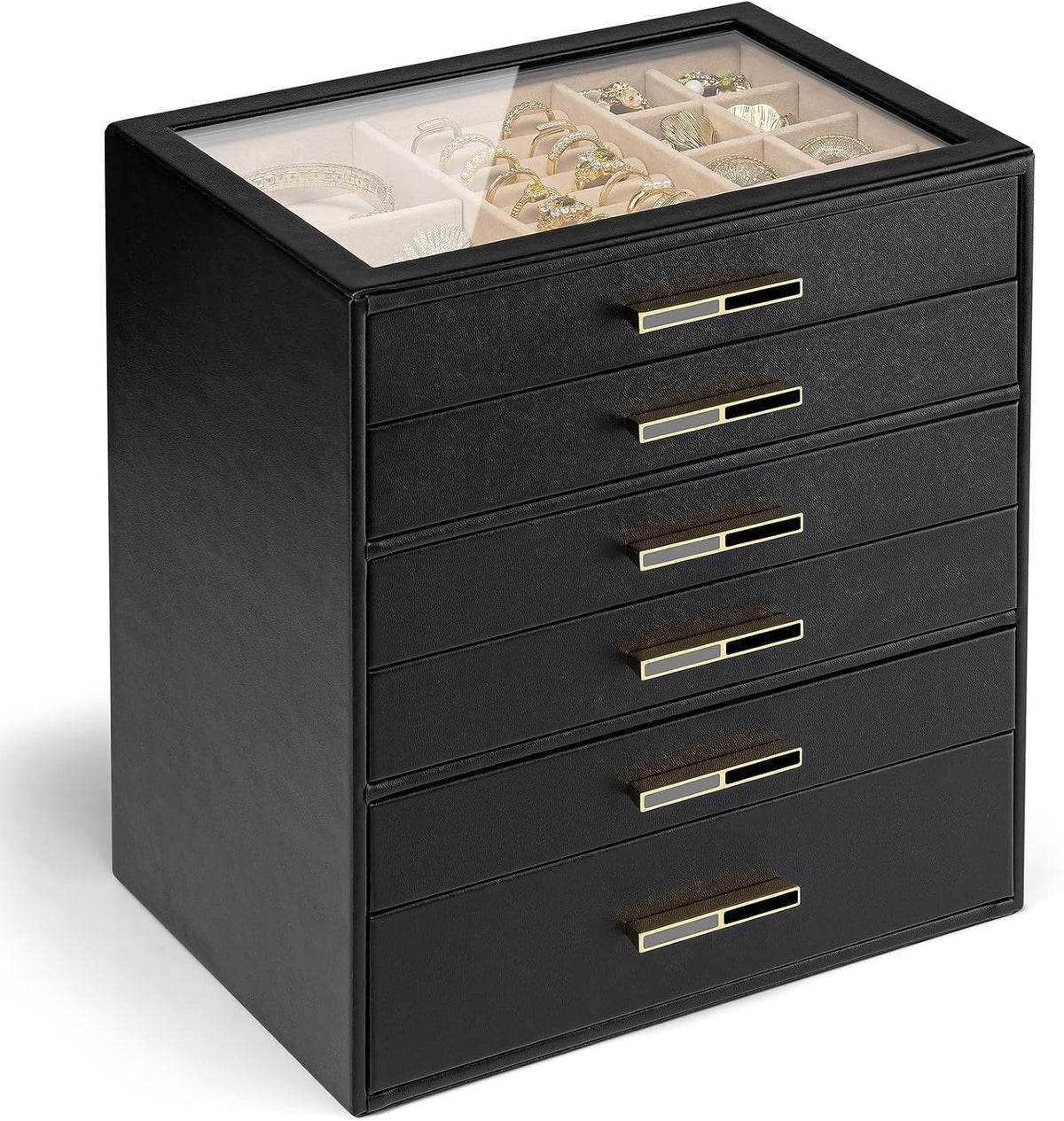 VLANDO Jewelry Box Organizer, 3-Layer Storage Drawers, Glass Window, Modern