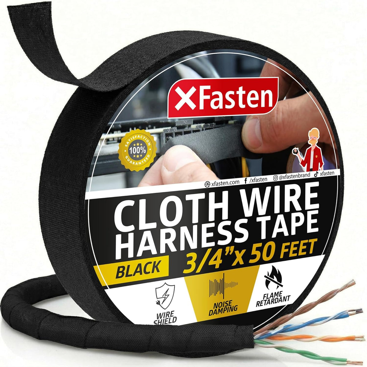 XFasten Wire Harness Tape, 3/4-Inch x 50-Foot (5-Pack), High Temp Wiring Loom Harness, Self-Adhesive Felt Cloth Electrical Tape for Automotive Engines, Noise Dampening, and Cable Protection