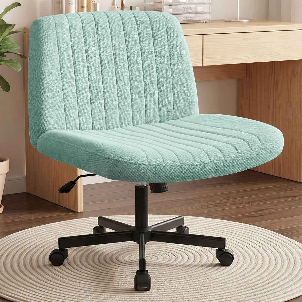 Orange Factory Criss Cross Chair, Wide Fabric Vanity Desk Seat, Beige Wheel