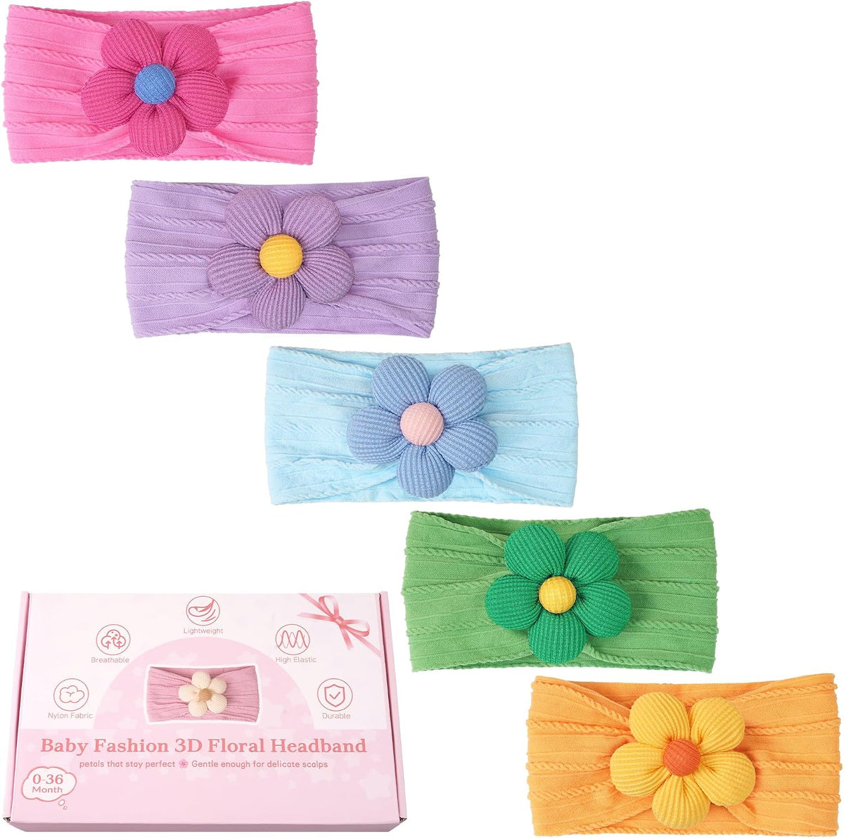 CÉLLOT 5Pcs Baby Flower Headbands Baby Girl Soft Nylon Headband for Newborn