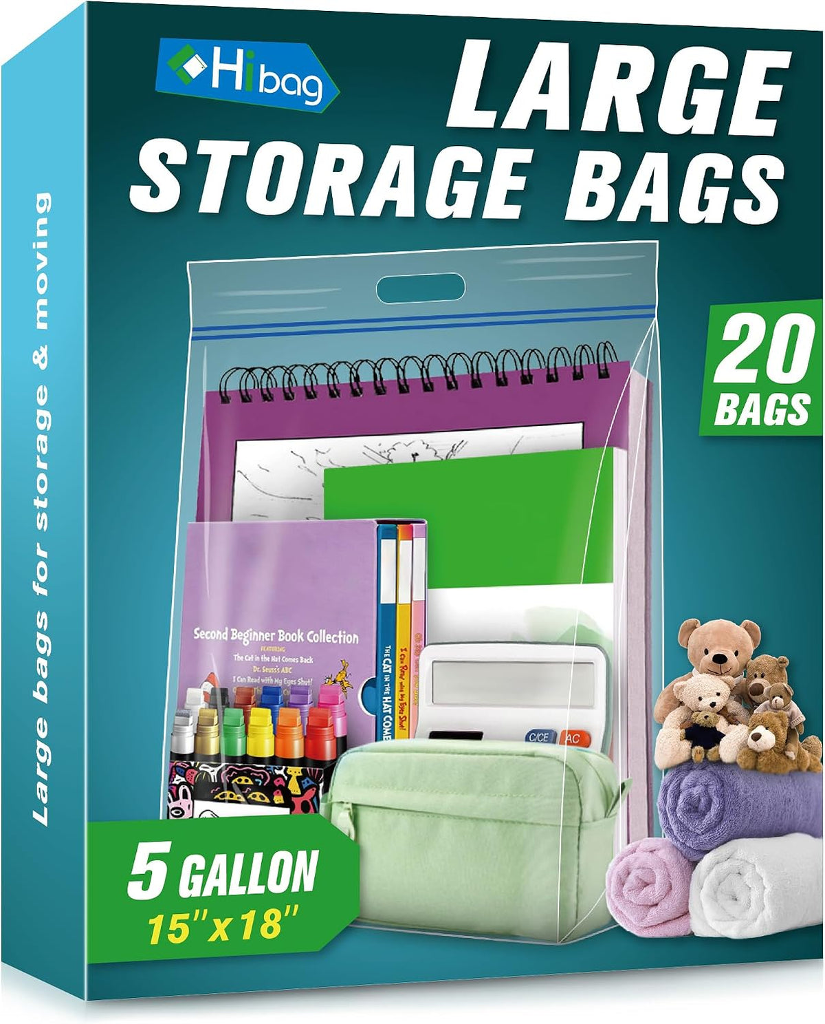 HIBAG 25 Gallon Jumbo Storage Bags, 35” x 24” Resealable Clear Bags with Handle, Extra Large XL Heavy Duty for Clothes Pillow Travel Moving, Pack of 3