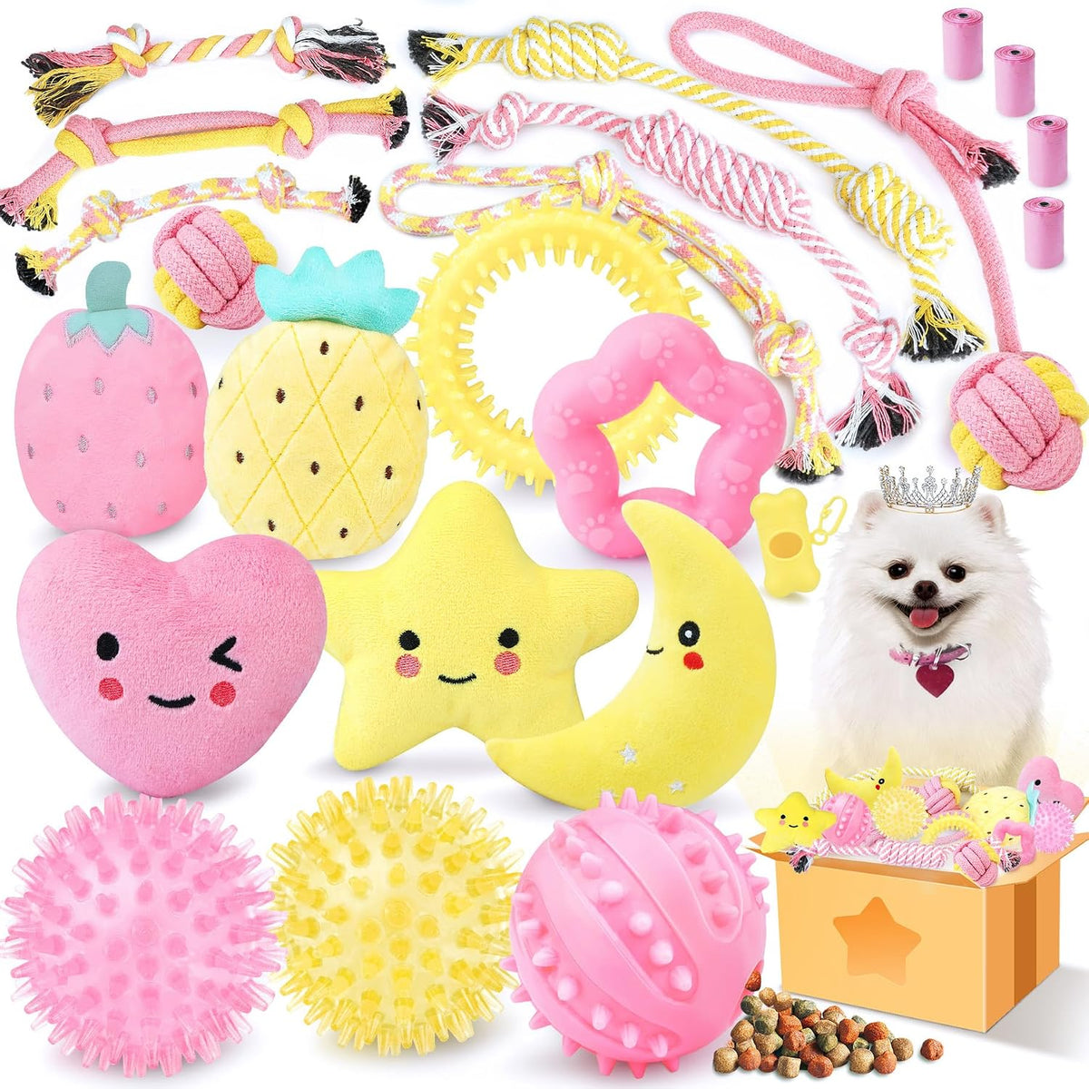 XIUGOAL Pink Puppy Toys for Boredom - 23 Pack Puppy Chew Toys for Teething, Interactive Dog Toys for Puppies, Cute Small Dog Toys with Treat Ball, Squeaky Dog Chew Toys and Ropes