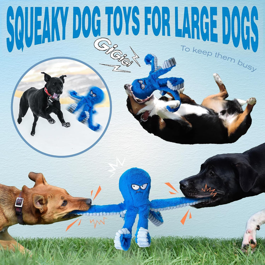 LEGEND SANDY Tough Dog Toys, Stuffed Chew Large Dog Toys to Keep Them Busy, Interactive Squeaky Tug of War Doggie Toy, Crinkle Blue Octopus | Interactive Tug of War Puppy Toys, Crinkle Stuffed Octopus for Small Medium and Large Breeds, Birthday Gift for P