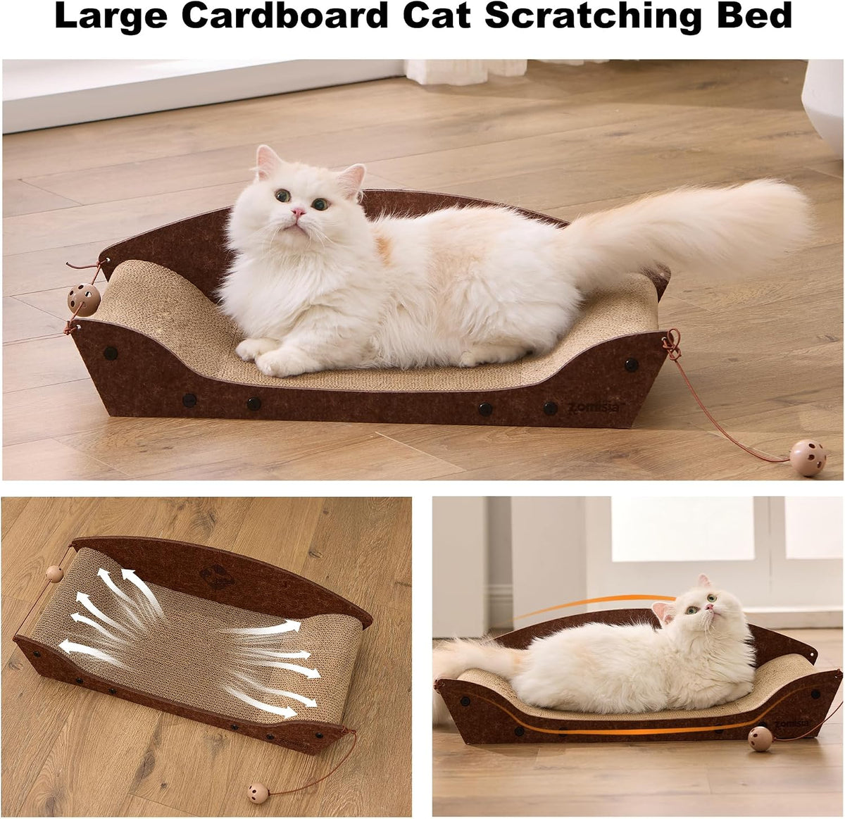 ZOMISIA 26'' Cardboard Cat Scratcher Bed - Large Scratcher Couch for Indoor Cats, Orthopedic Scratching Board, Lounger Scratching Couch with Bells