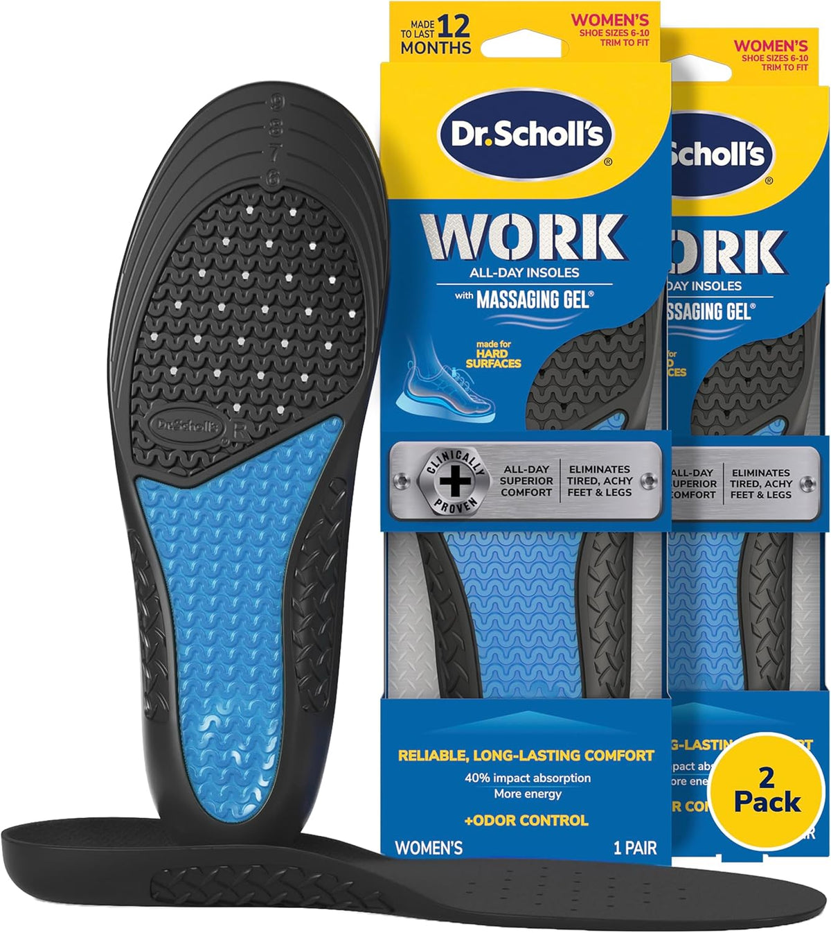 Work All-Day Superior Comfort Insoles (with) Massaging Gel, Women, 1 Pair, Trim to Fit