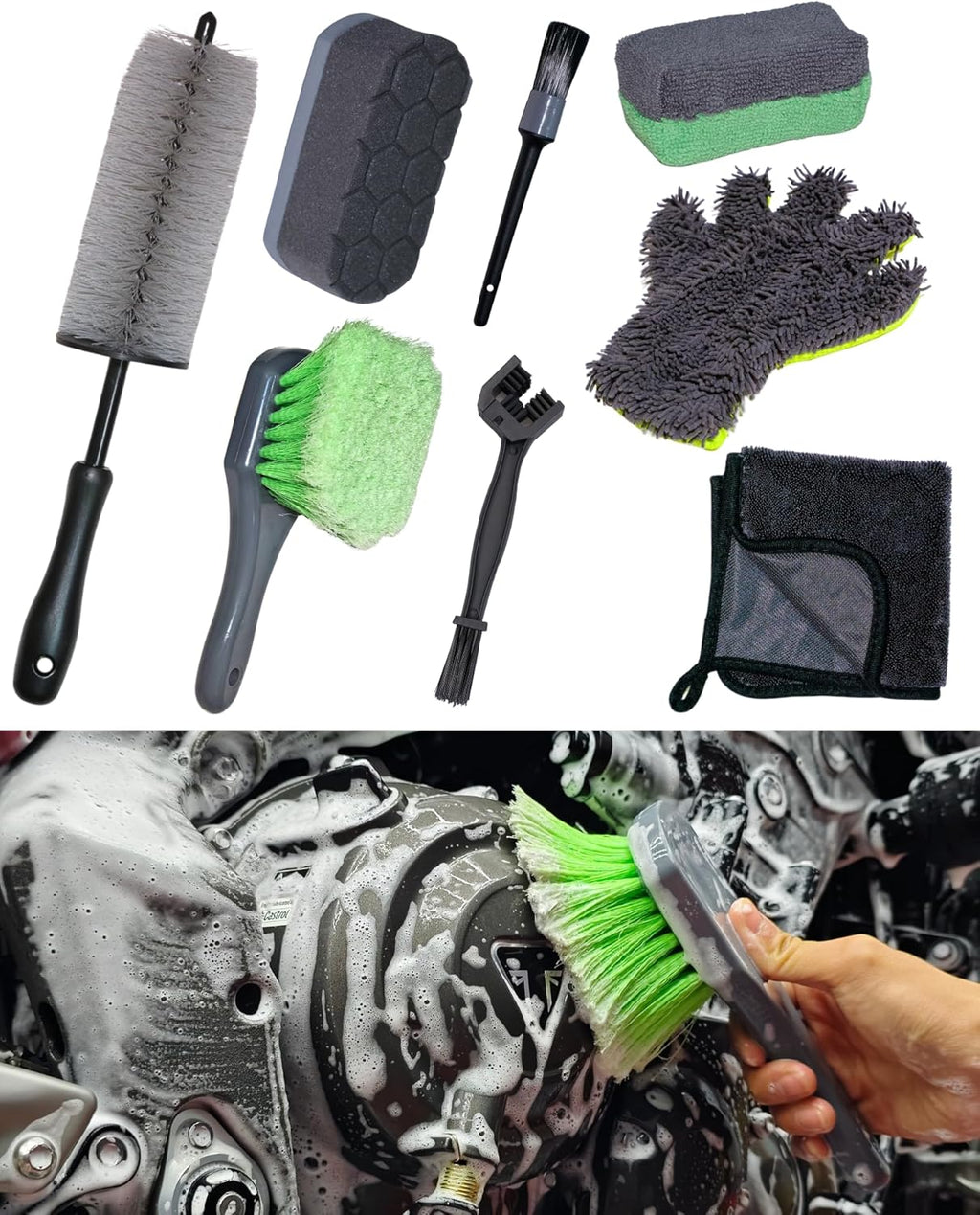 oesee 8 Pack Motorcycle Cleaning Kit - Professional Safe for Chrome/Engine/Tires, Hard Reach Brush, Microfiber Mitt, Detailing Tools, Drying Towel & Wax Applicators