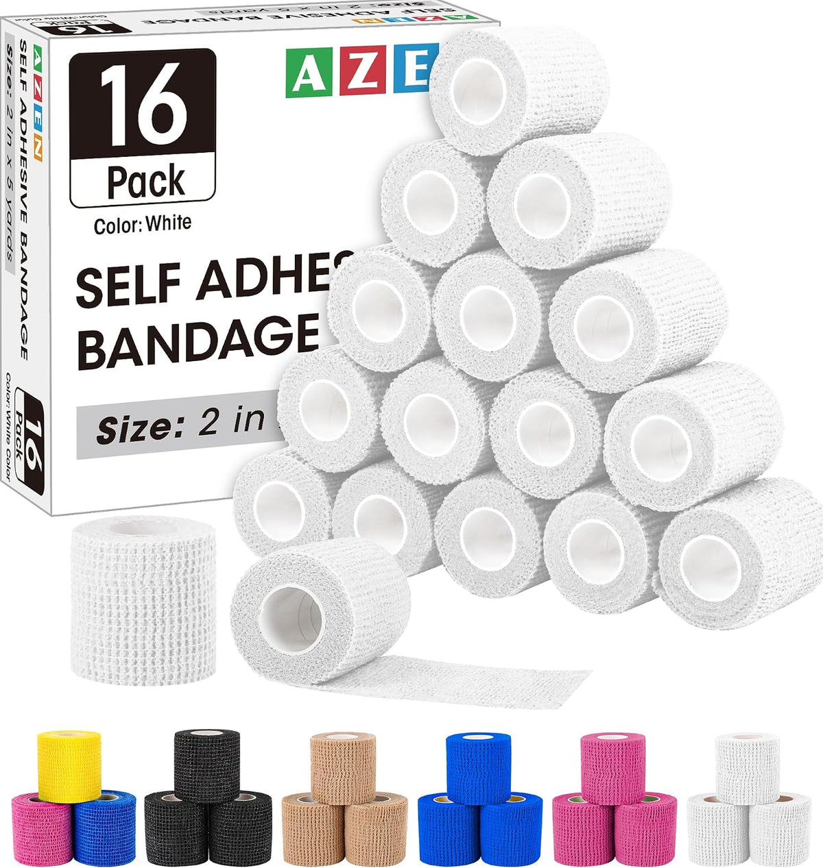 AZEN 16 Pack Self Adhesive Bandage Wrap, 2" X 5 Yards Elastic Cohesive Bandage Wrap, Color Athletic Tape, Vet Wrap, Ankle Tape