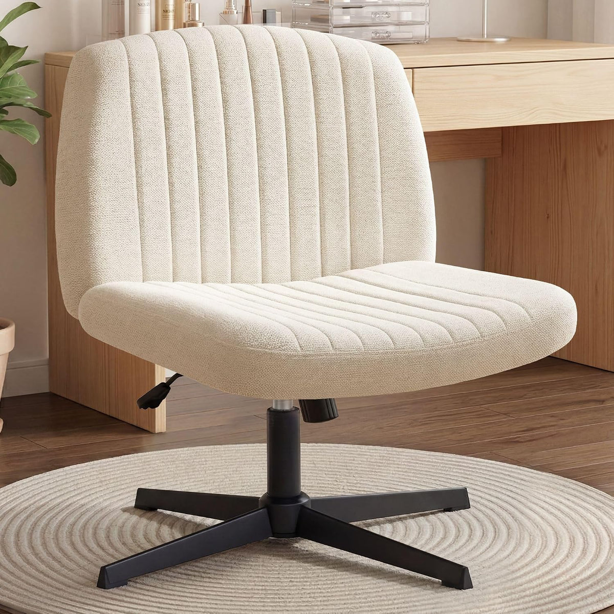 Orange Factory Criss Cross Chair, Wide Fabric Vanity Desk Seat, Beige Wheel