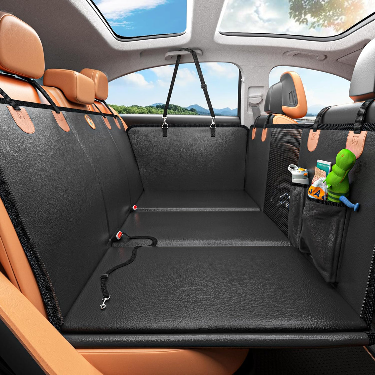 Hard Bottom Dog Car Seat Cover for Back Seat, PU Leather Dog Seat Extender