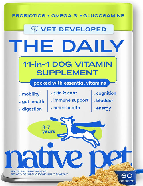 Native Pet The Daily Dog Vitamins & Supplements - 11-in-1 Multivitamin for Dogs - Daily Powder Supplement with Probiotics, Collagen - 60 Scoops