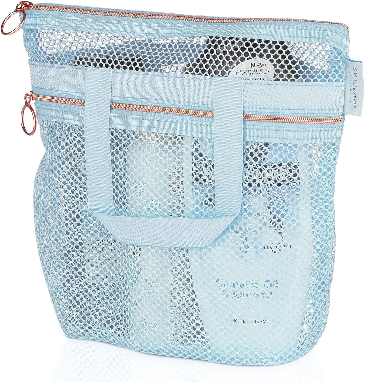DV Lifestyle Mesh Shower Bag 10.2x9.9'' Quick-Dry Caddy with Zipper & 2 Pockets. Portable Toiletry Tote for Bathroom, Gym, Travel, Camp, Beach, for Sunscreen, Dorm & College Essentials (Black)