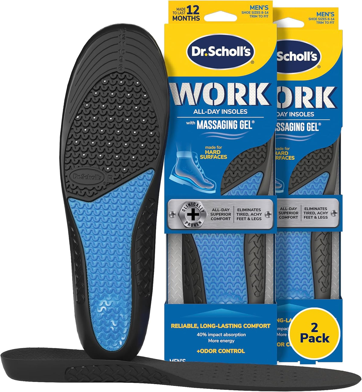 Work All-Day Superior Comfort Insoles (with) Massaging Gel, Women, 1 Pair, Trim to Fit