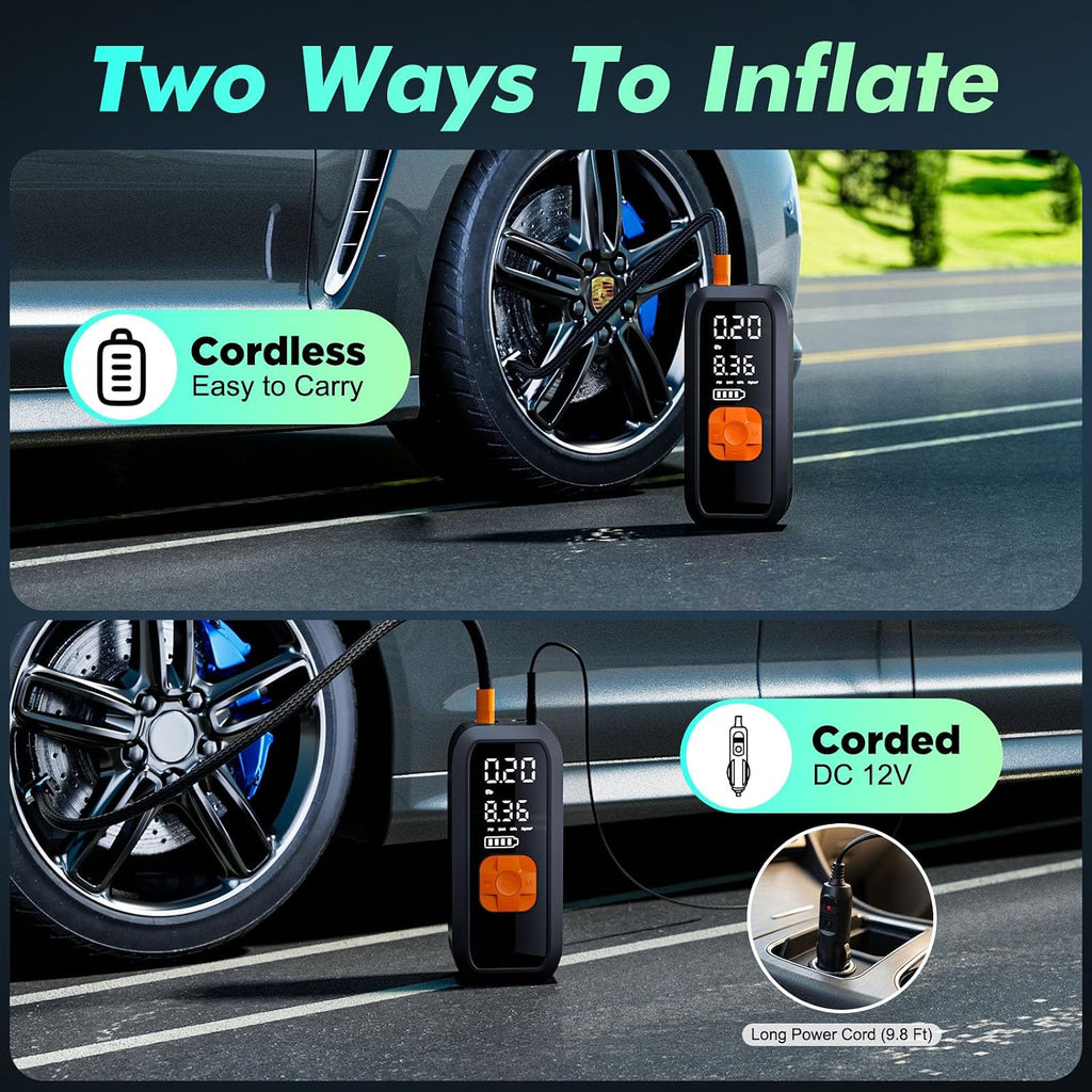 Portable Tire Inflator Air Compressor, 150 PSI Fast Cordless Pump, Dual Power (Battery + 12V DC),Auto Shut-Off, 5 Modes, Digital Dual Display for Car Truck Bike Tires, Balls, Inflatables